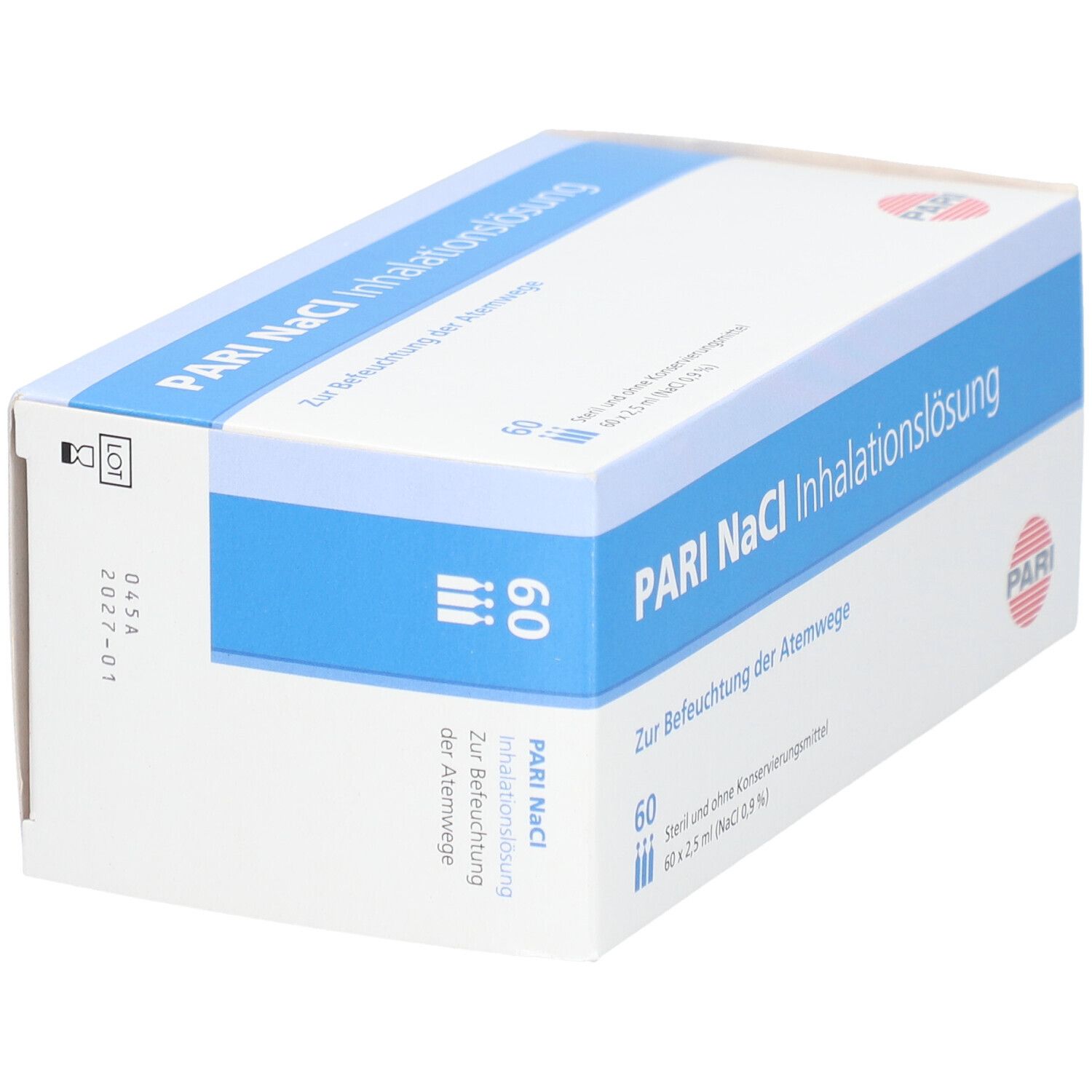 Boîte PARI NaCl Inhalationslösung. Emballage bleu et blanc. Texte: PARI, Inhalationslösung, 60 ampoules. Vue latérale.