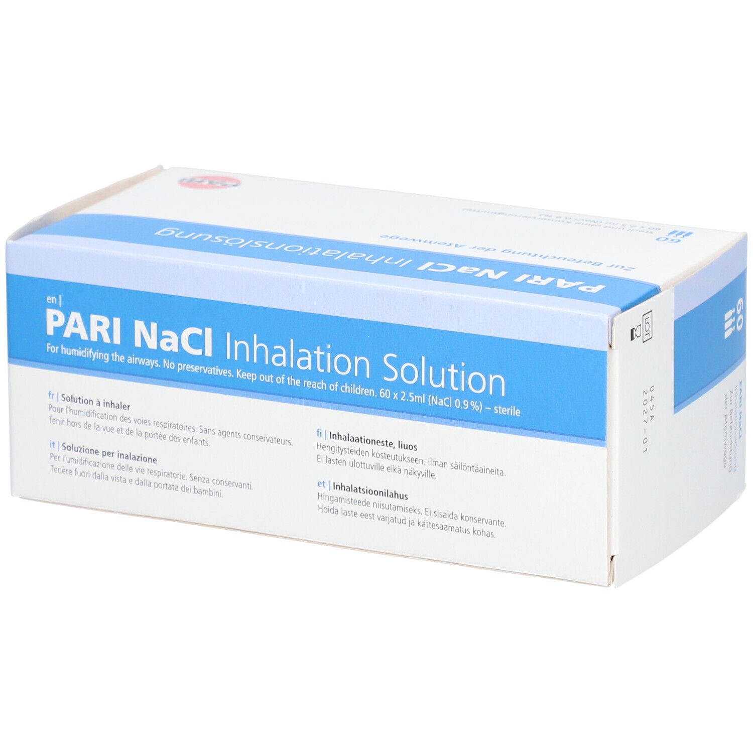 Boîte PARI NaCl Inhalationslösung. Emballage bleu et blanc. Texte: PARI, Inhalationslösung. Texte multilingue.