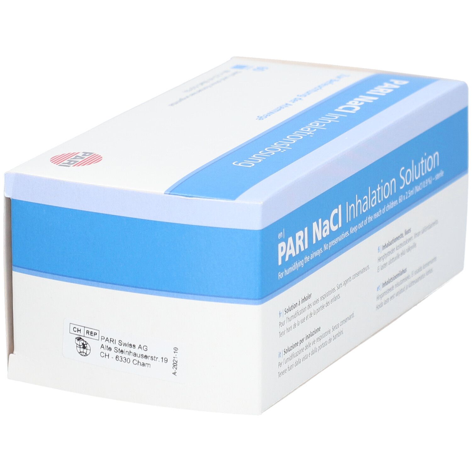 Boîte PARI NaCl Inhalationslösung. Emballage bleu et blanc. Texte: PARI, Inhalationslösung. Logo PARI.