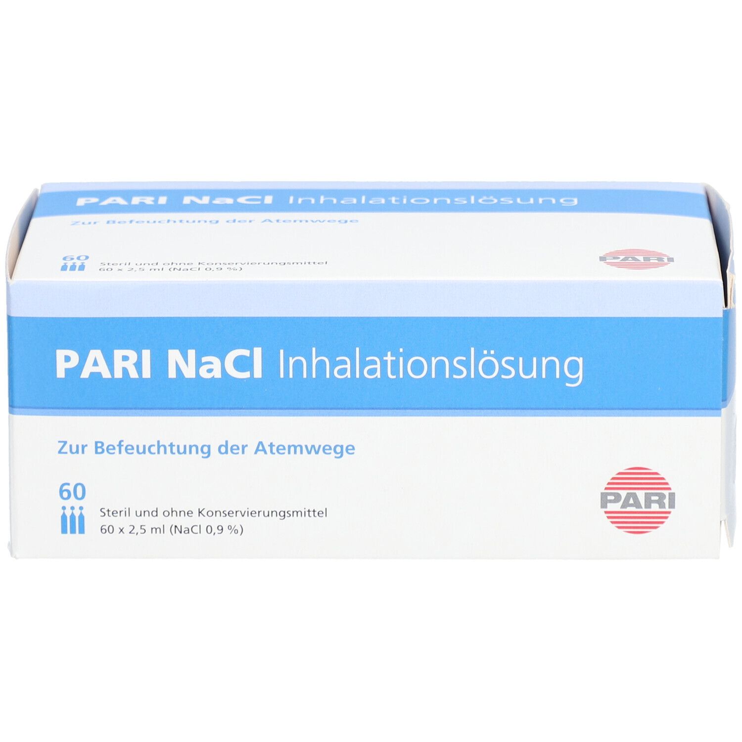 Boîte PARI NaCl Inhalationslösung. Emballage bleu et blanc. Texte: PARI, Inhalationslösung, 60 ampoules.