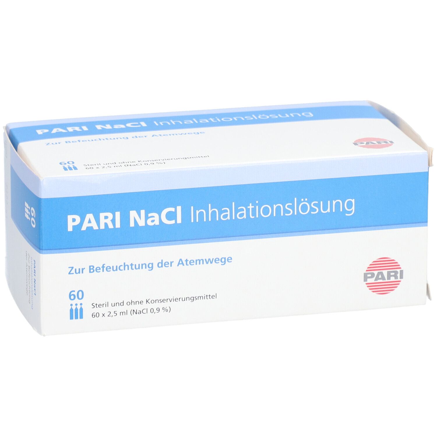 Boîte PARI NaCl Inhalationslösung. Emballage bleu et blanc. Texte: PARI, Inhalationslösung, 60 ampoules.