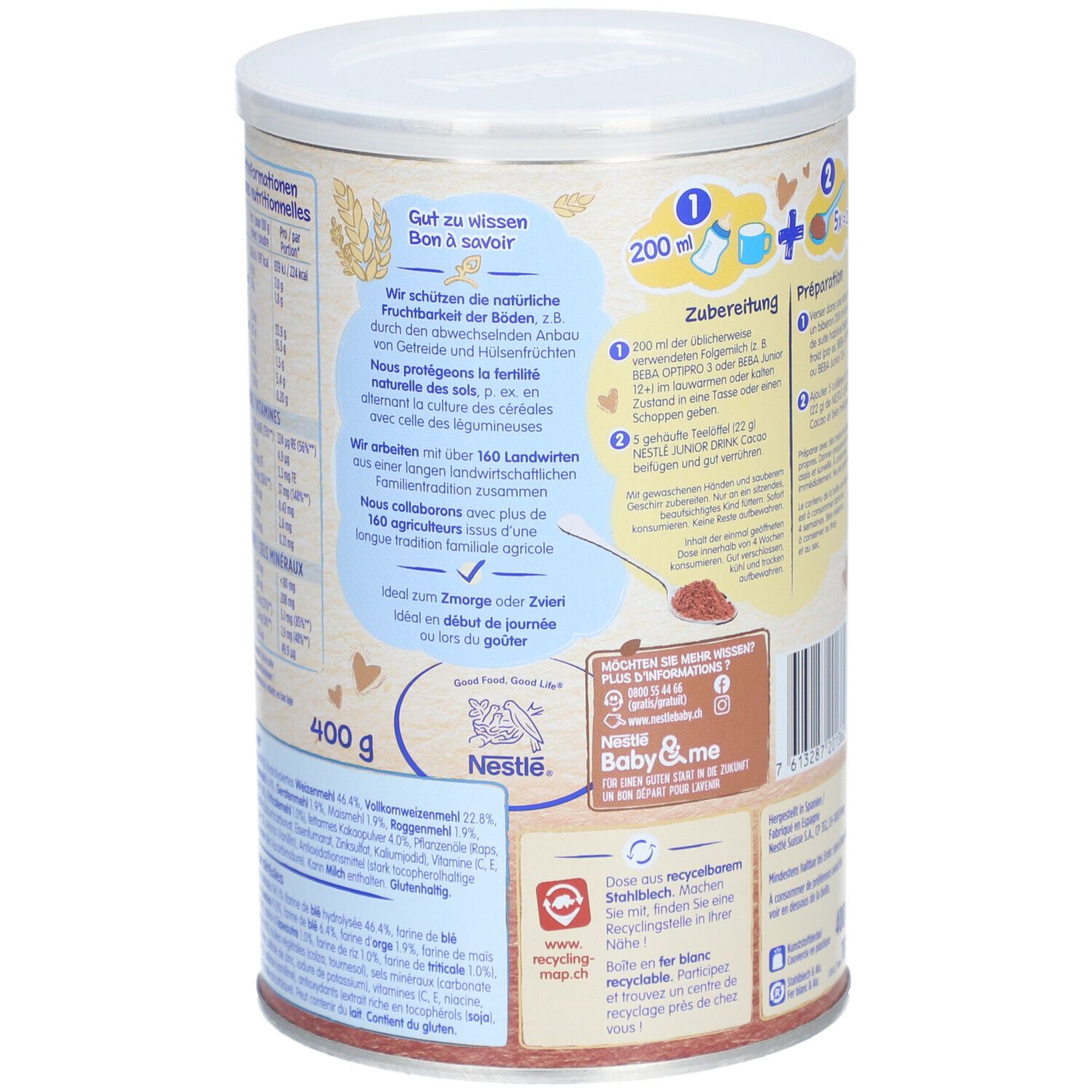 Rückseite der Dose Nestlé Junior Drink Cacao. Aufdruck: Informationen, 400g, Baby & Me Logo, Recycling-Symbol.