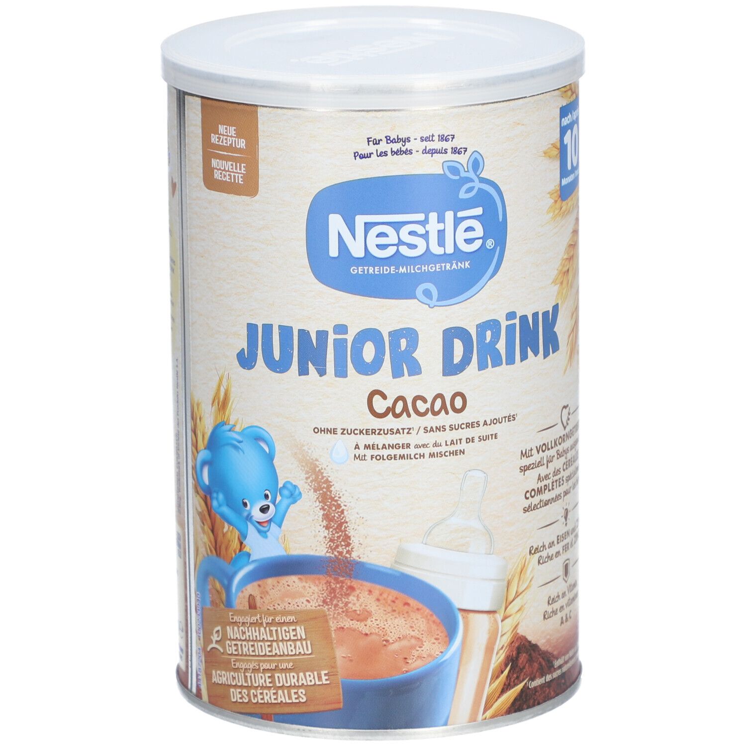 Dose Nestlé Junior Drink Cacao. Aufschrift: Neue Rezeptur. Abbildung: Getränk in Tasse, Flasche, Bär. Ohne Zuckerzusatz.