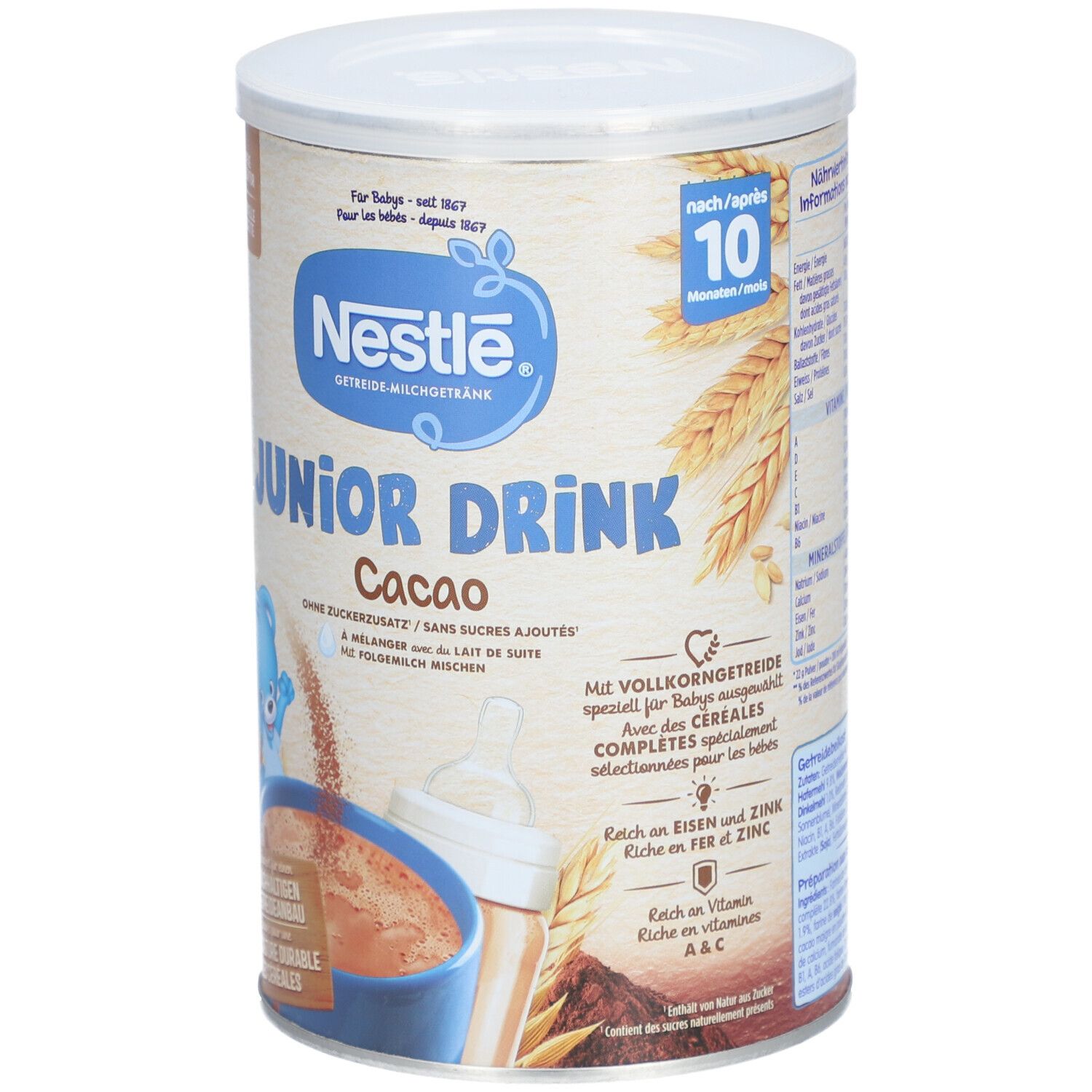 Dose Nestlé Junior Drink Cacao. Aufschrift: Junior Drink Cacao. Mit Vollkorngtreide. Reich an Eisen und Zink. Illustration: Getränk, Flasche.