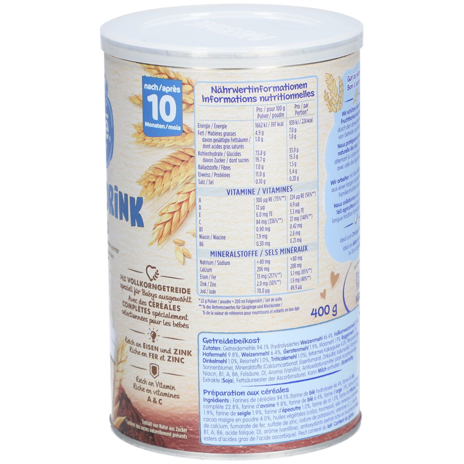 Rückseite der Dose Nestlé Junior Drink Cacao. Aufdruck: Nährwertinformationen, Zutaten, 400g. Illustration: Getreideähren.
