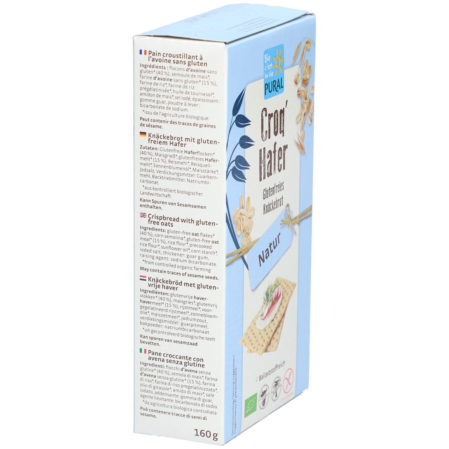 Kartonverpackung mit PURAL-Logo und Texten in Deutsch, Englisch, Niederländisch und Italienisch. 160g. Bio-Siegel.