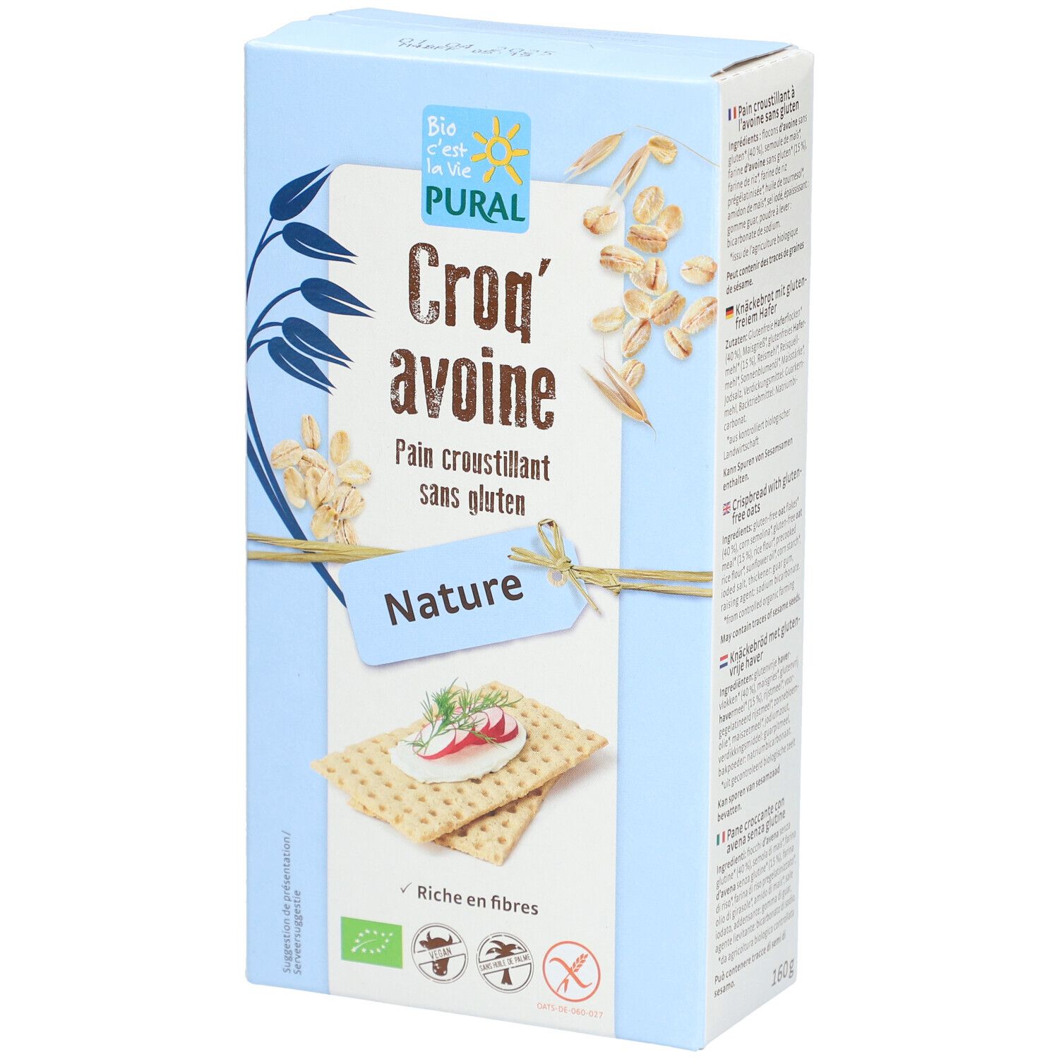 Hellblaue Kartonverpackung mit PURAL-Logo und Aufschrift Croq'avoine Pain croustillant sans gluten Nature. Abbildung von Knäckebrot.