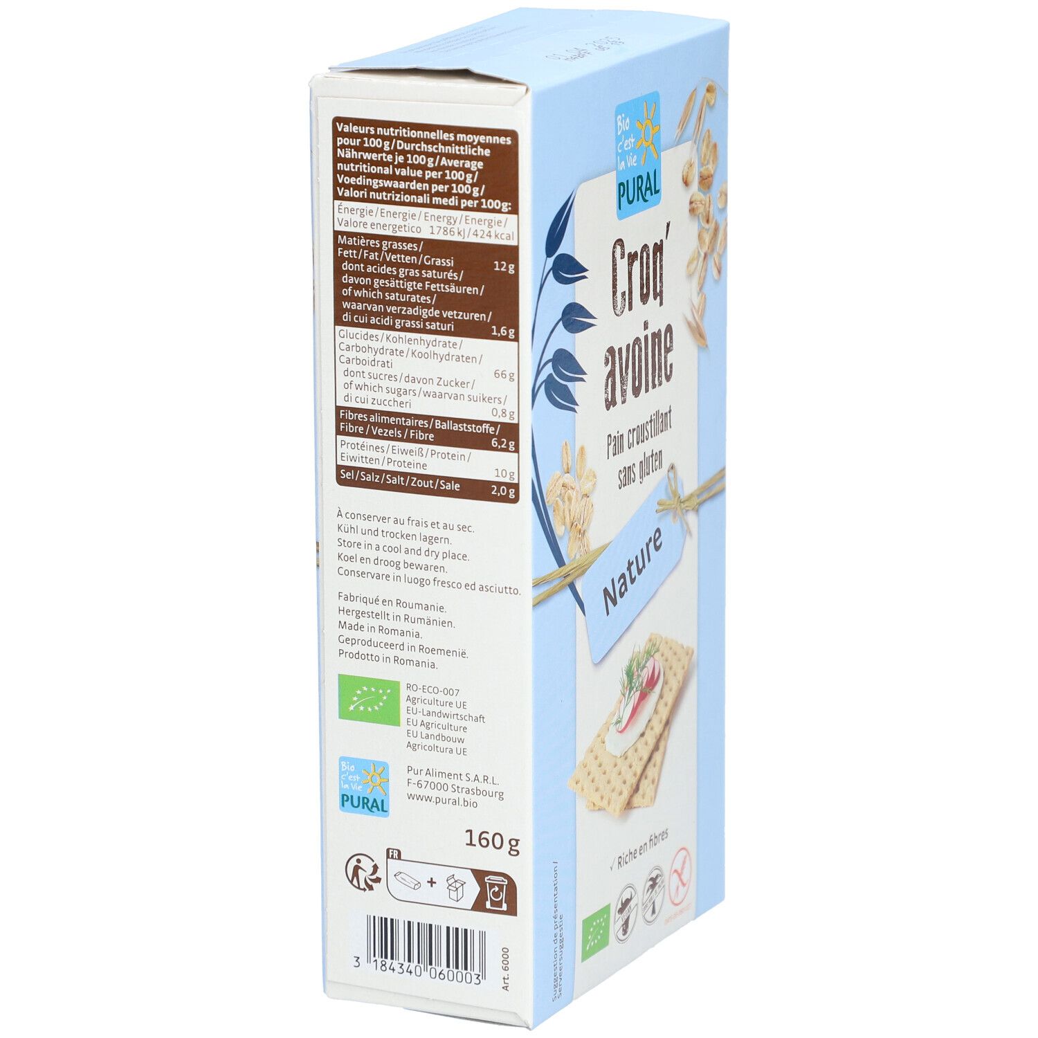 Kartonverpackung mit PURAL-Logo und Texten in Deutsch, Englisch, Niederländisch und Italienisch. 160g. Bio-Siegel.