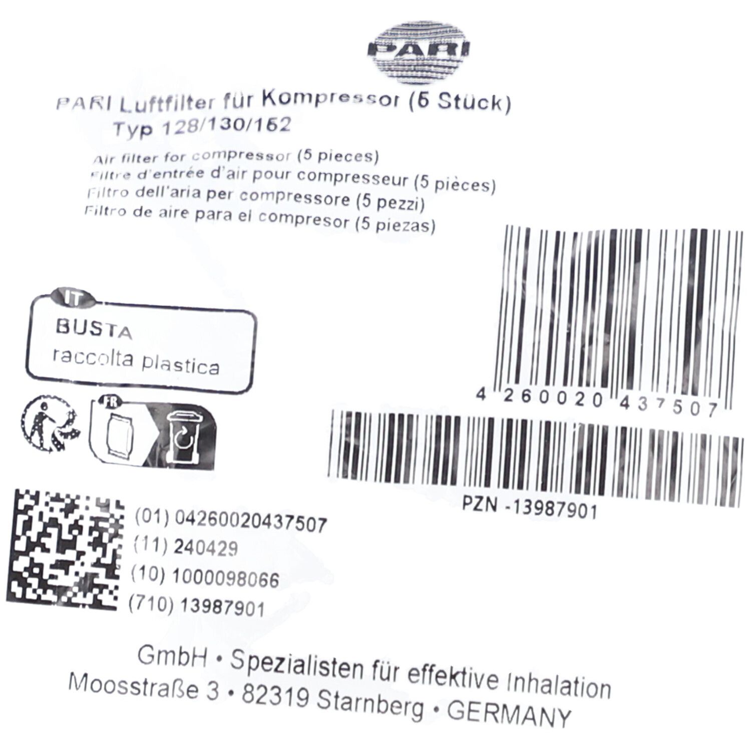 Pari Filtre d'entrée d'air pour compresseur Type 128/130/152
