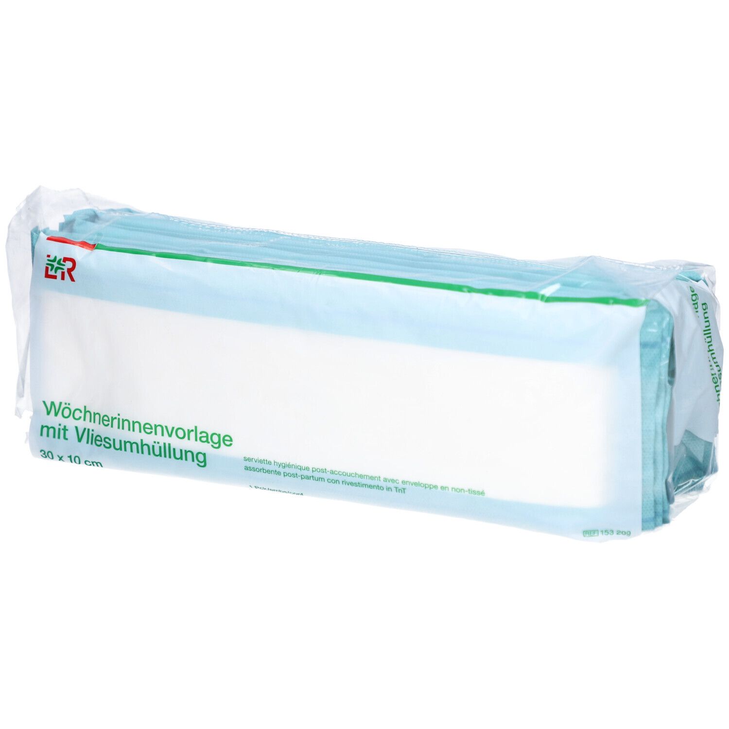 Verpackung mit Damenbinden. Text: Wöchnerinnenvorlage mit Vliesumhüllung, 30 x 10 cm. Logo L&R.