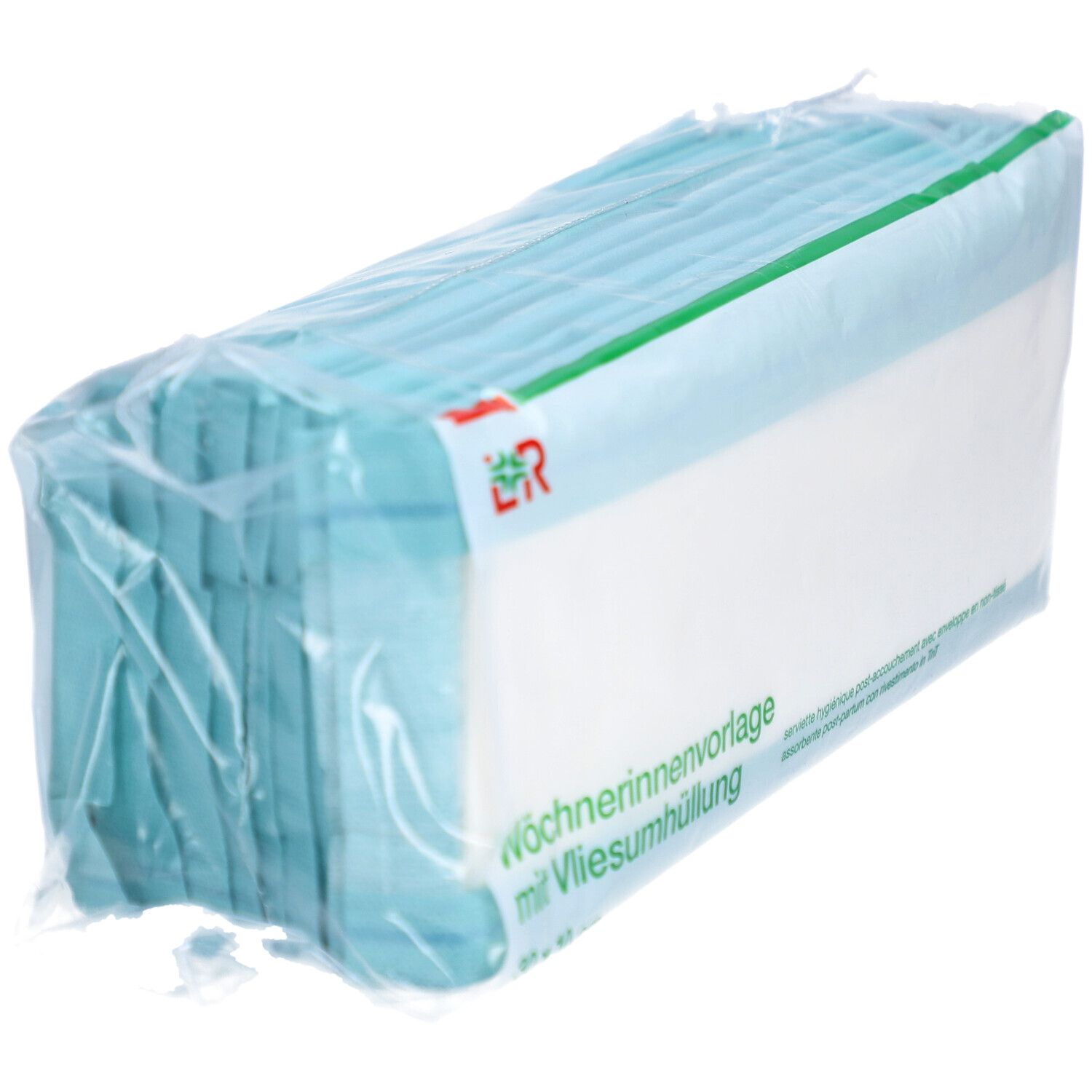 Verpackung mit Damenbinden. Text: Wöchnerinnenvorlage mit Vliesumhüllung. Logo L&R. Ansicht von der Seite.