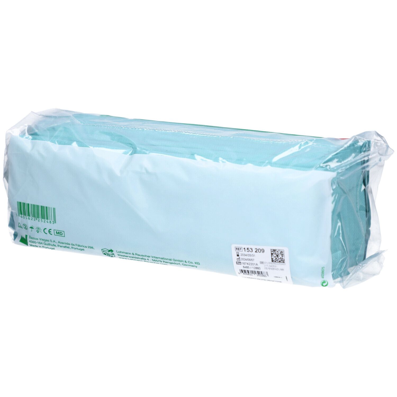Verpackung mit Damenbinden. Rückseite mit Barcode und Produktinformationen. Text: Wöchnerinnenvorlage.
