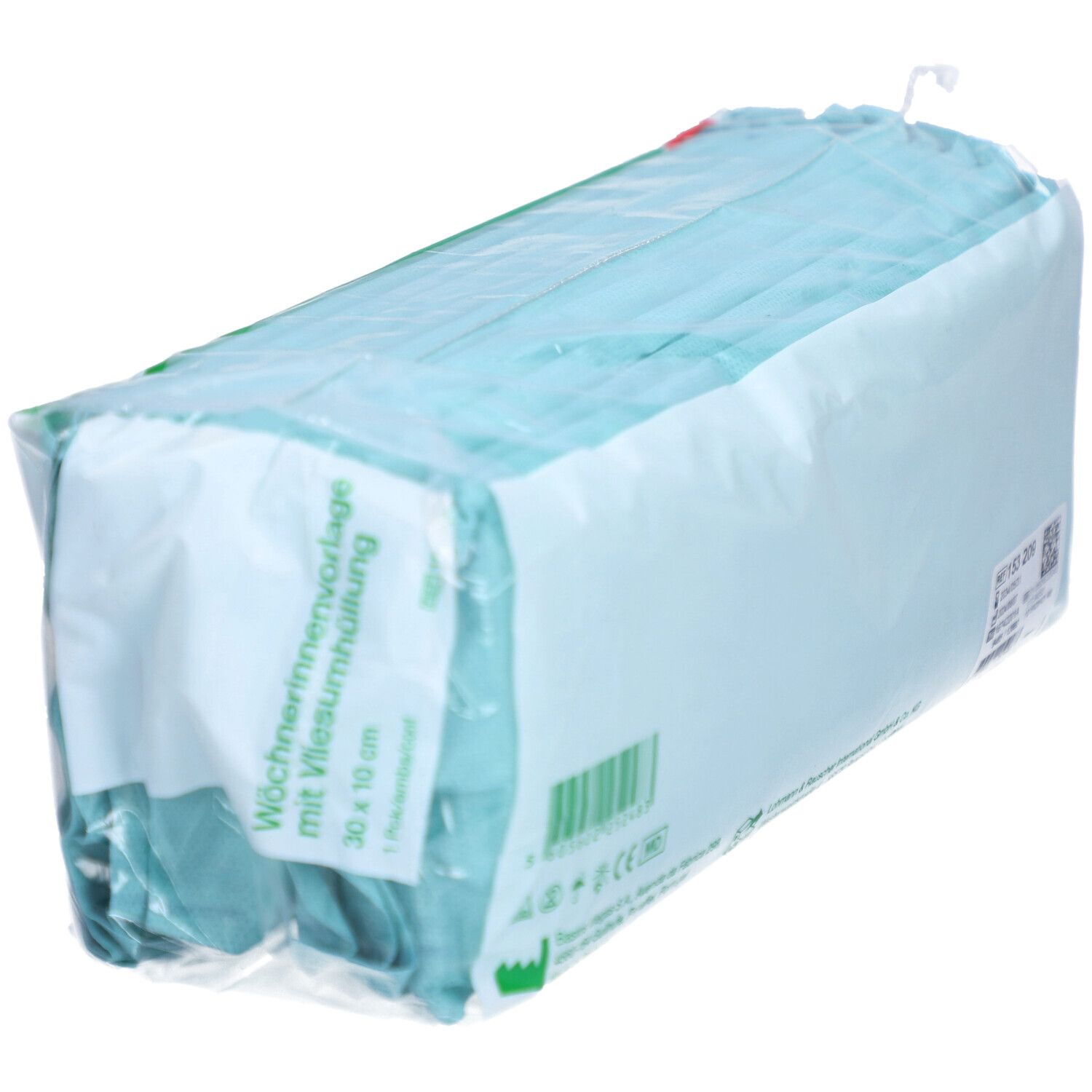 Verpackung mit Damenbinden. Text: Wöchnerinnenvorlage mit Vliesumhüllung, 30 x 10 cm. Ansicht von der Seite.