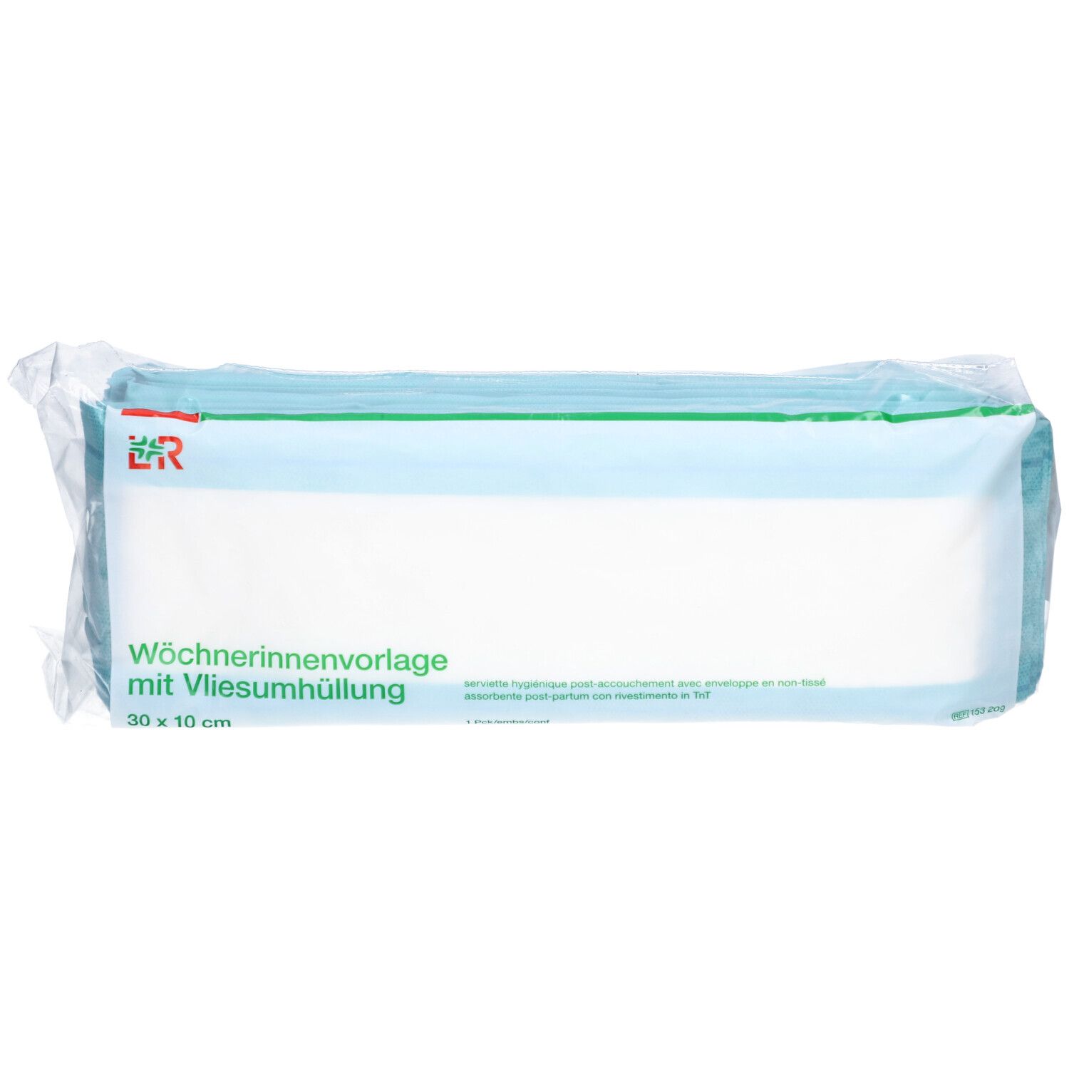 Verpackung mit Damenbinden. Text: Wöchnerinnenvorlage mit Vliesumhüllung, 30 x 10 cm. Logo L&R.