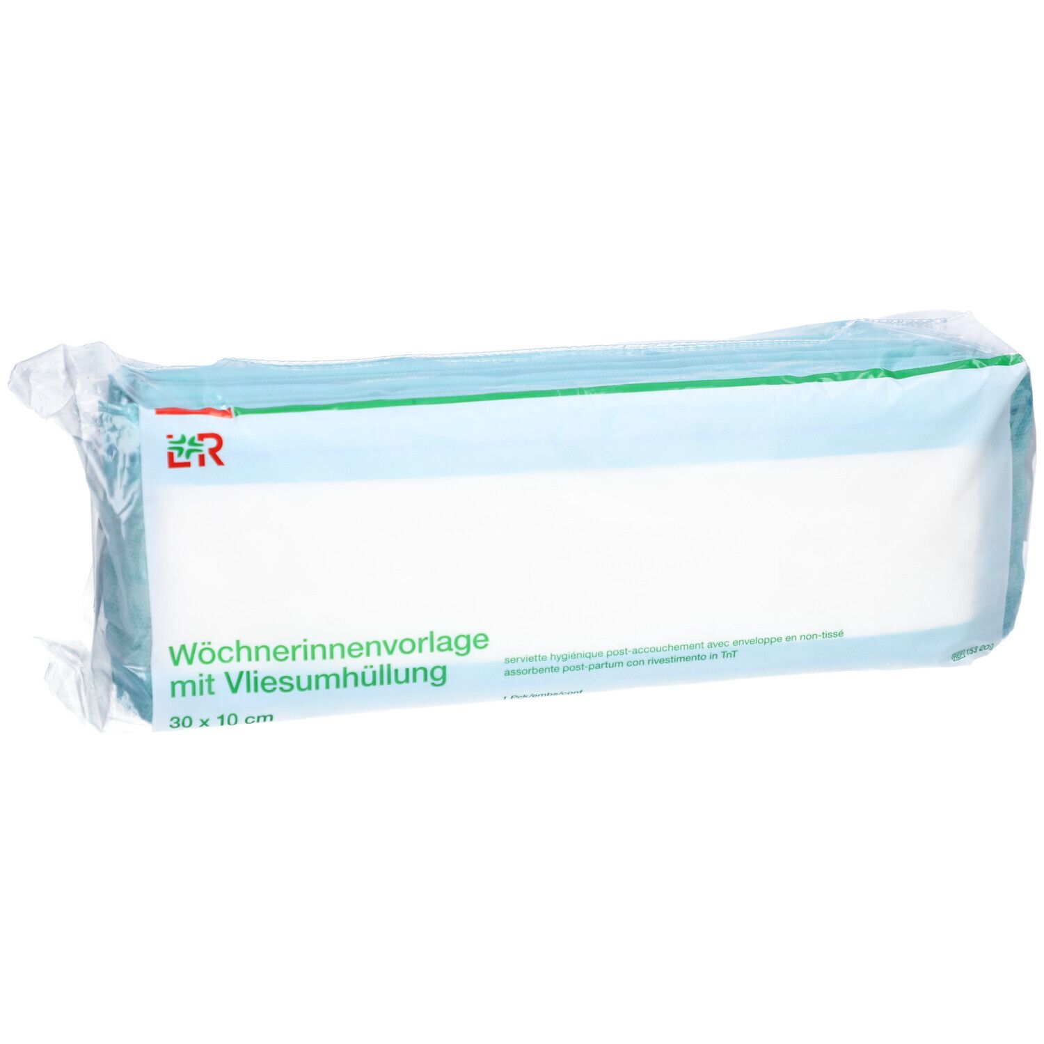 Verpackung mit Damenbinden. Text: Wöchnerinnenvorlage mit Vliesumhüllung, 30 x 10 cm. Logo L&R.