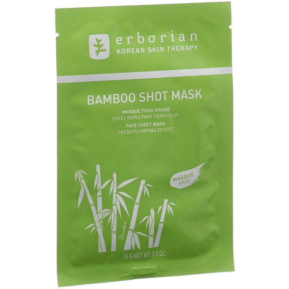 Sachet vert avec le nom BAMBOO SHOT MASK et le logo erborian. Illustration de bambous et texte descriptif.