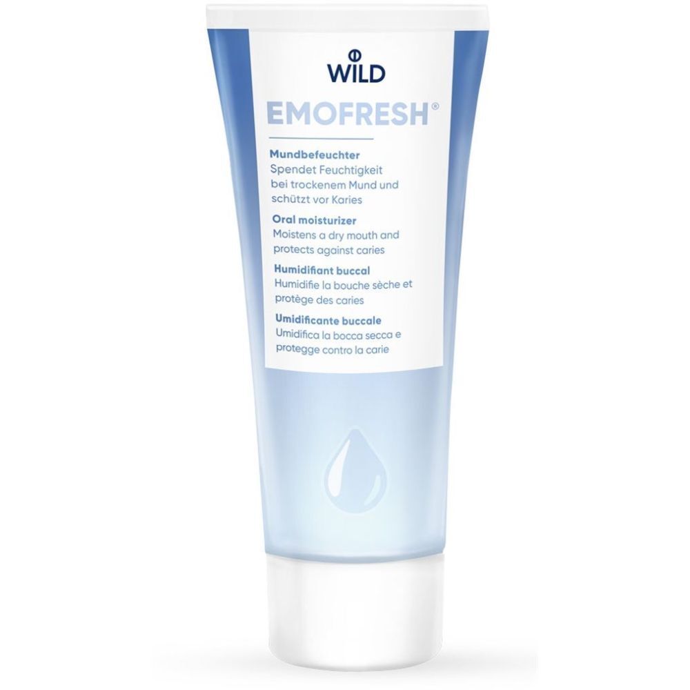 Tube mit WILD EMOFRESH, Mundbefeuchter. Blaue und weiße Verpackung mit Produktnamen und Tropfensymbol.
