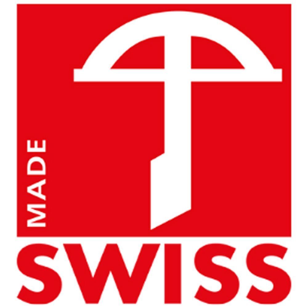 Rotes Logo mit weißem Kreuz und Schriftzug 'SWISS'.
