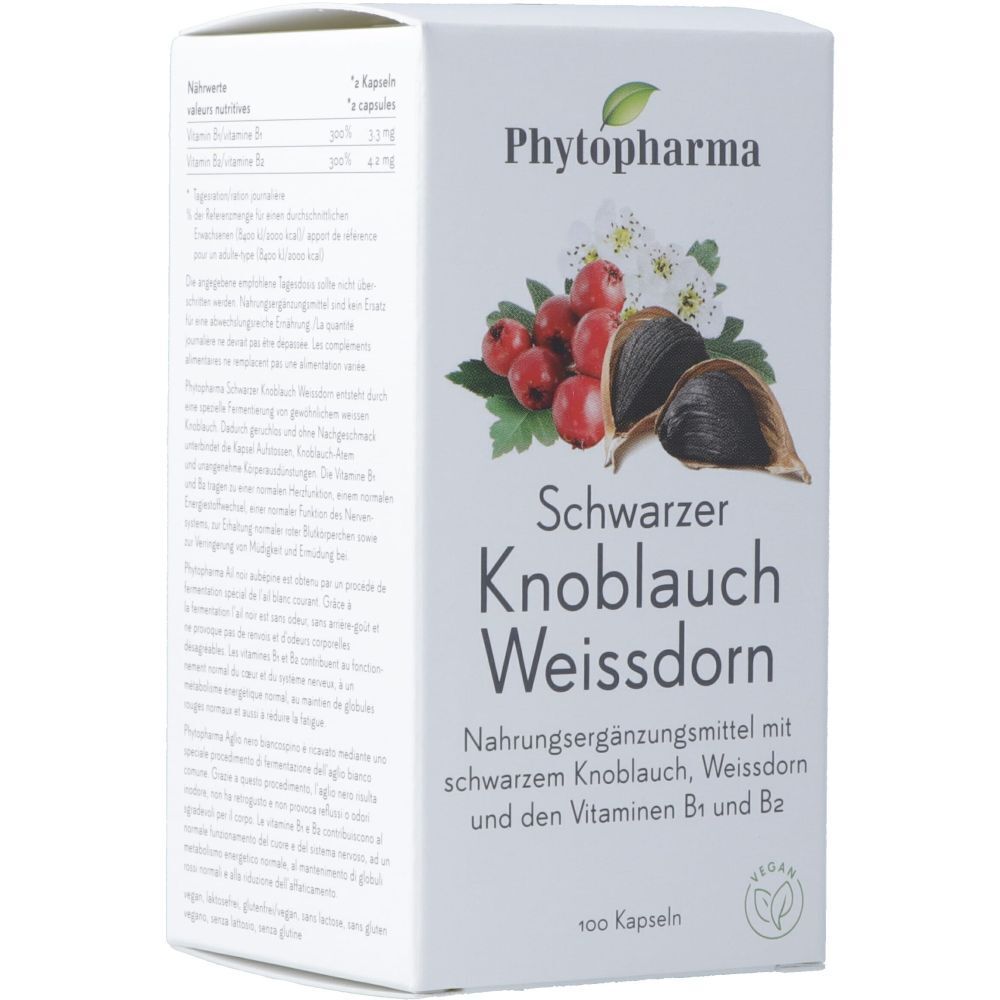 Weißer Karton mit Produktaufdruck. Schwarzer Knoblauch, Weißdorn, Logo und Text. 100 Kapseln. Vegan-Siegel.