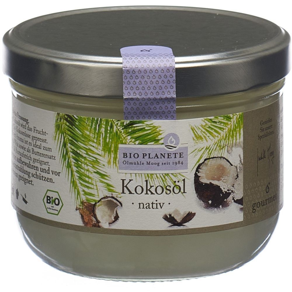 Pot de BIO PLANETE Kokosöl nativ. Couvercle argenté. Étiquette avec illustration de noix de coco et texte.