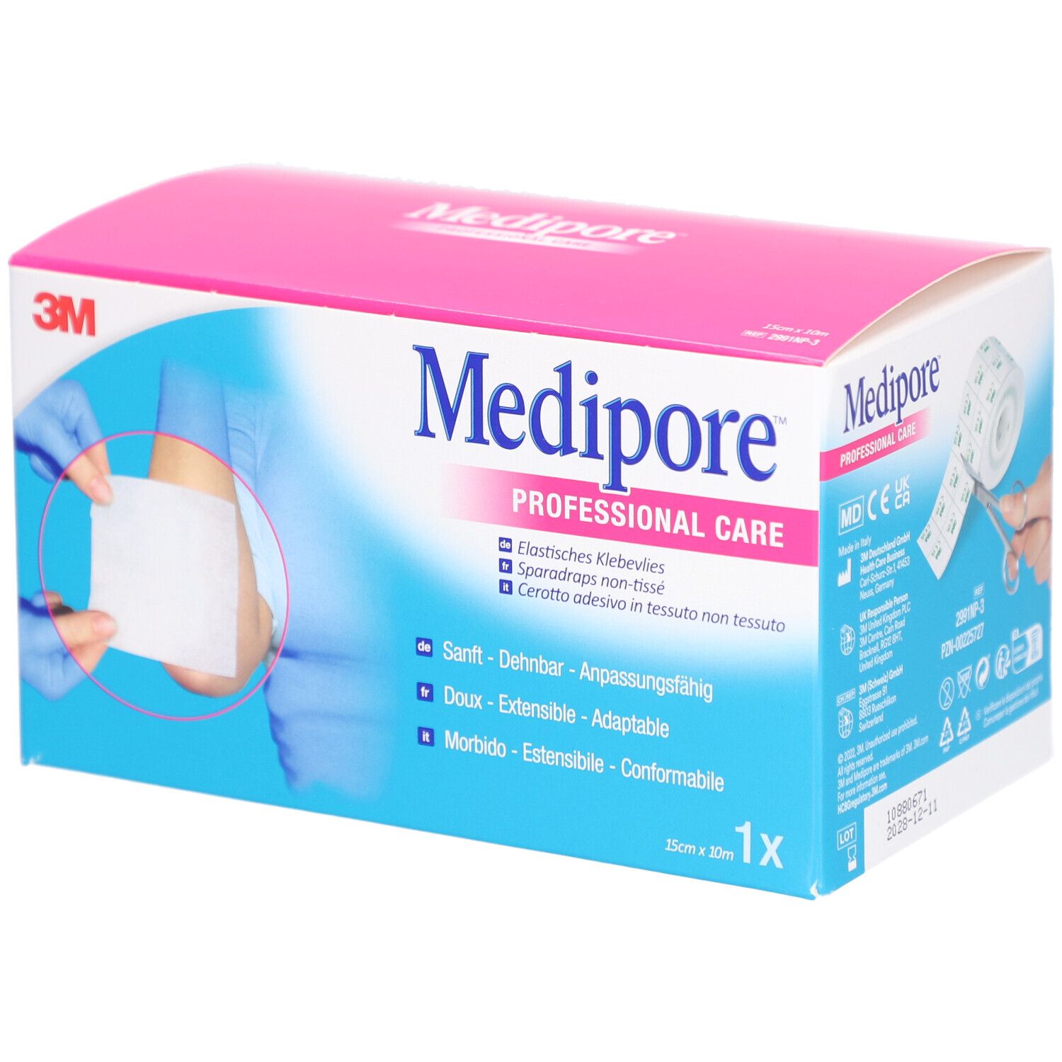 Boîte de pansements Medipore. Rose et blanche, avec nom du produit et logo 3M. 15cm x 10m.