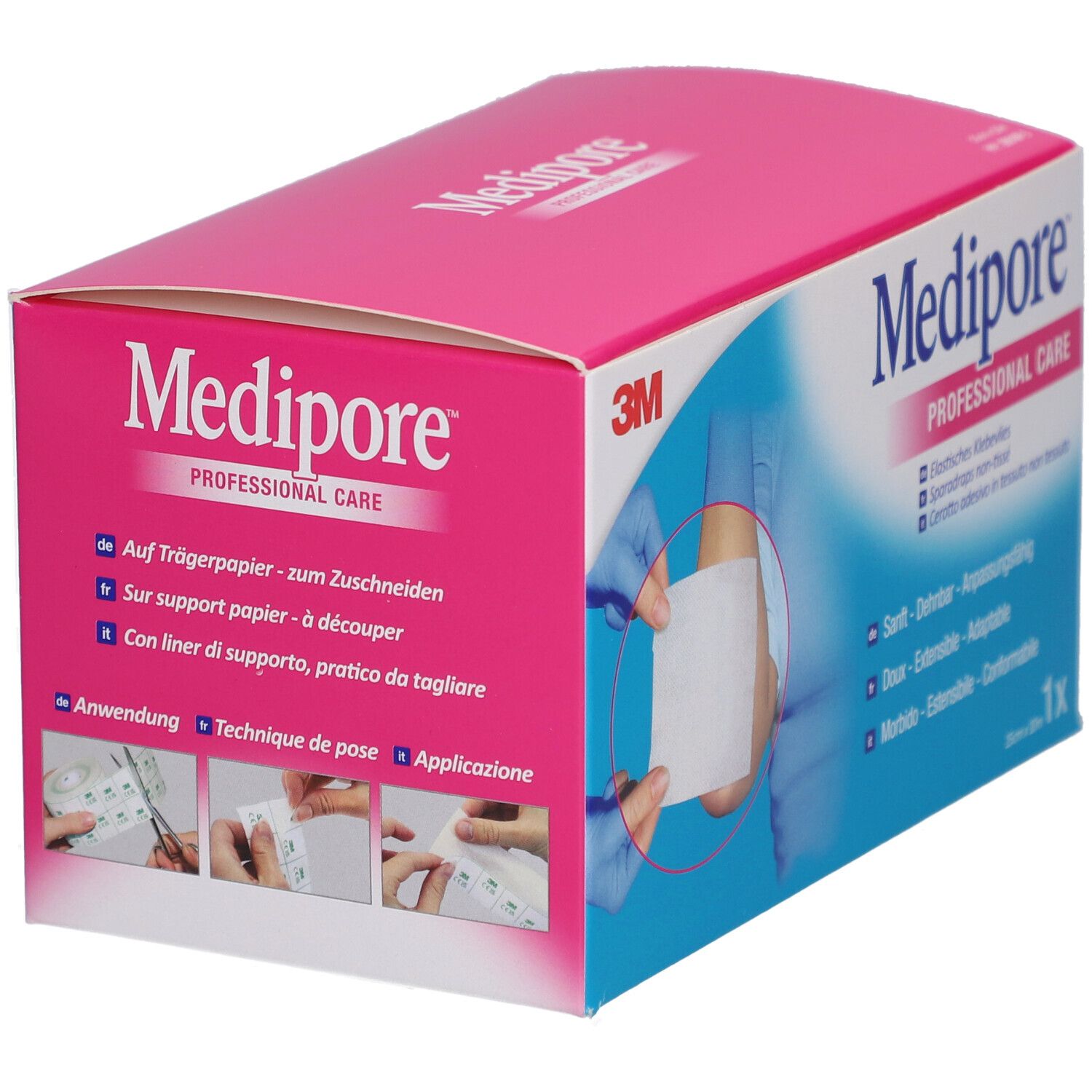 Boîte de pansements Medipore. Rose et blanche, avec nom du produit et logo 3M. Exemples d'application.