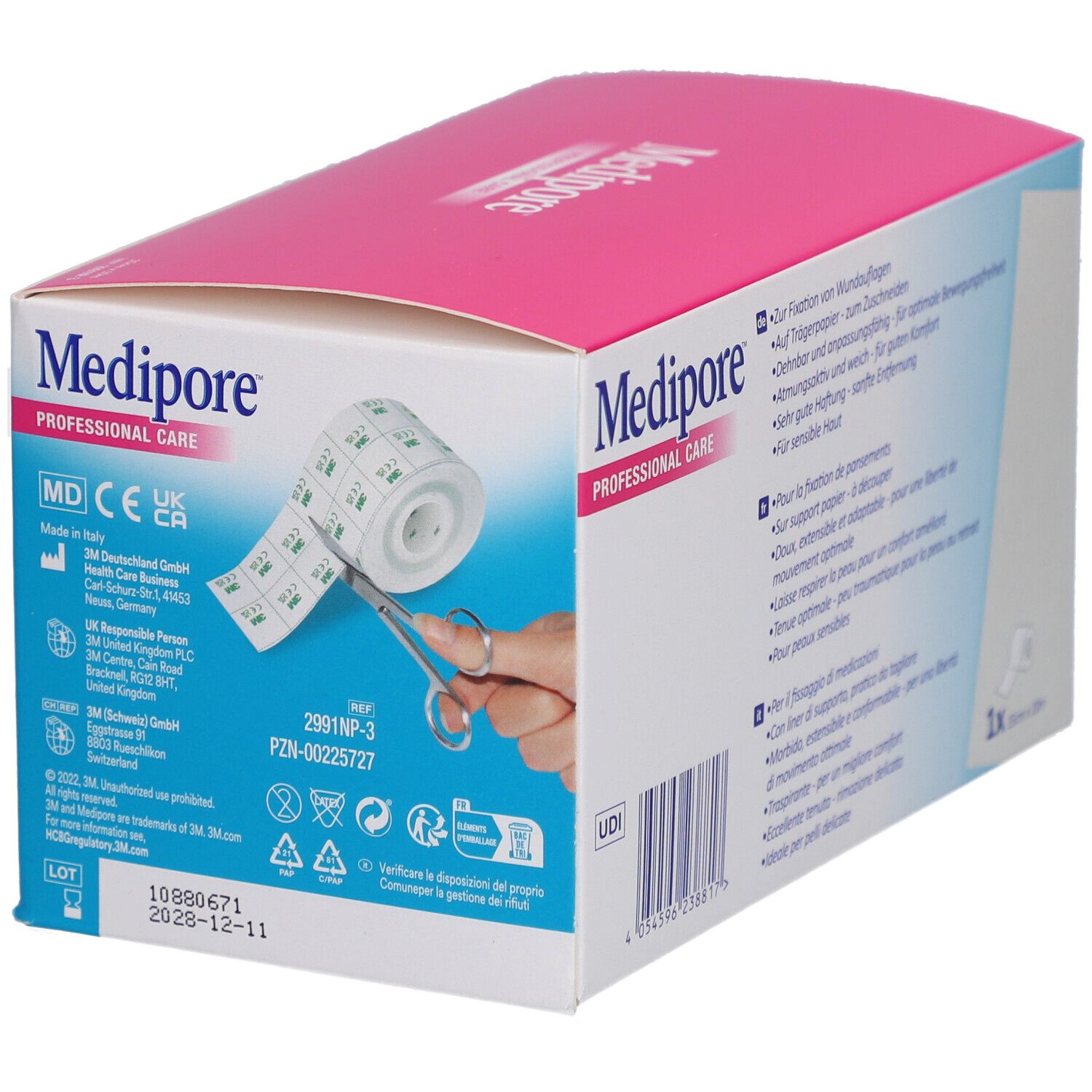 Boîte de pansements Medipore. Rose et blanche, avec nom du produit et logo 3M. Rouleau et ciseaux illustrés.