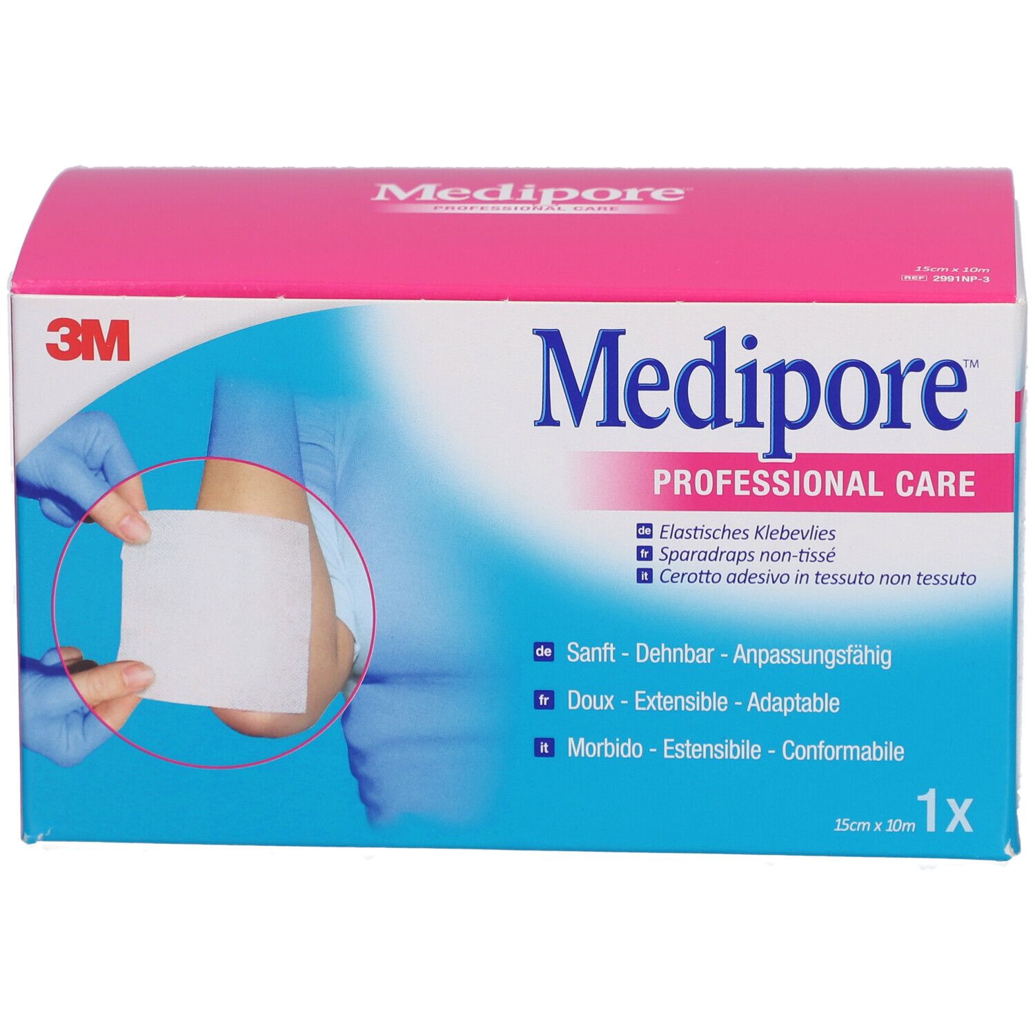 Boîte de pansements Medipore. Rose et blanche, avec nom du produit et logo 3M. 15cm x 20m.