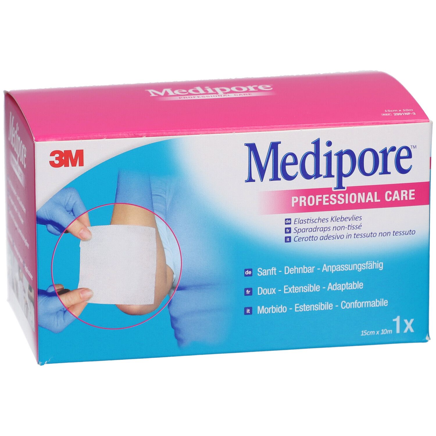 Boîte de pansements Medipore. Rose et blanche, avec nom du produit et logo 3M. 15cm x 20m.