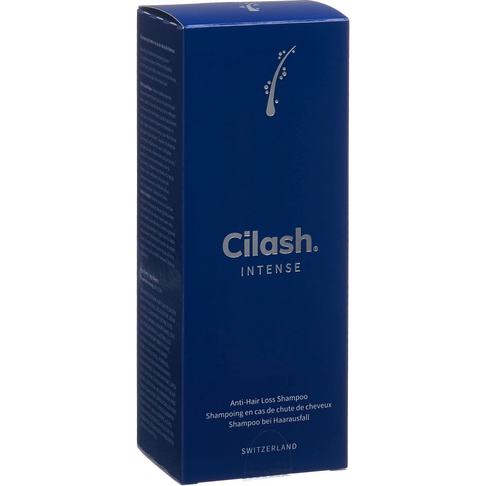 Blaue Schachtel mit "Cilash. INTENSE"-Logo. Text: Anti-Haarausfall Shampoo. Herkunftsland: Schweiz.