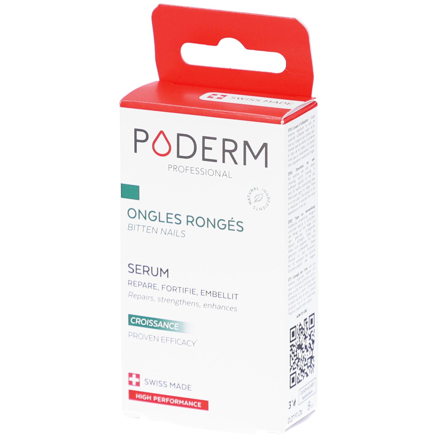 Verpackung mit rotem Aufhänger. Weiß, mit grünem und rotem Akzent. Text: PODERM, ONGLES RONGÉS, Serum, Croissance, Swiss Made.