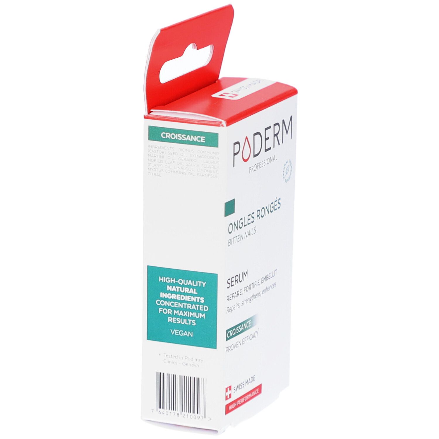 Seitenansicht der PODERM-Verpackung. Text: Ongles Rongés, Serum. Swiss Made. Weiße Schachtel mit rotem Aufhänger.