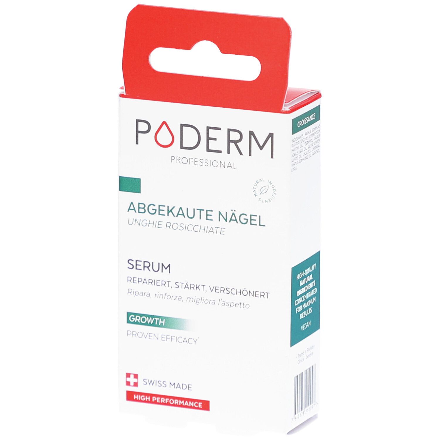 Verpackung mit rotem Aufhänger. Weiß, mit grünem und rotem Akzent. Text: PODERM, ABGEKAUTE NÄGEL, Serum, Growth, Swiss Made.