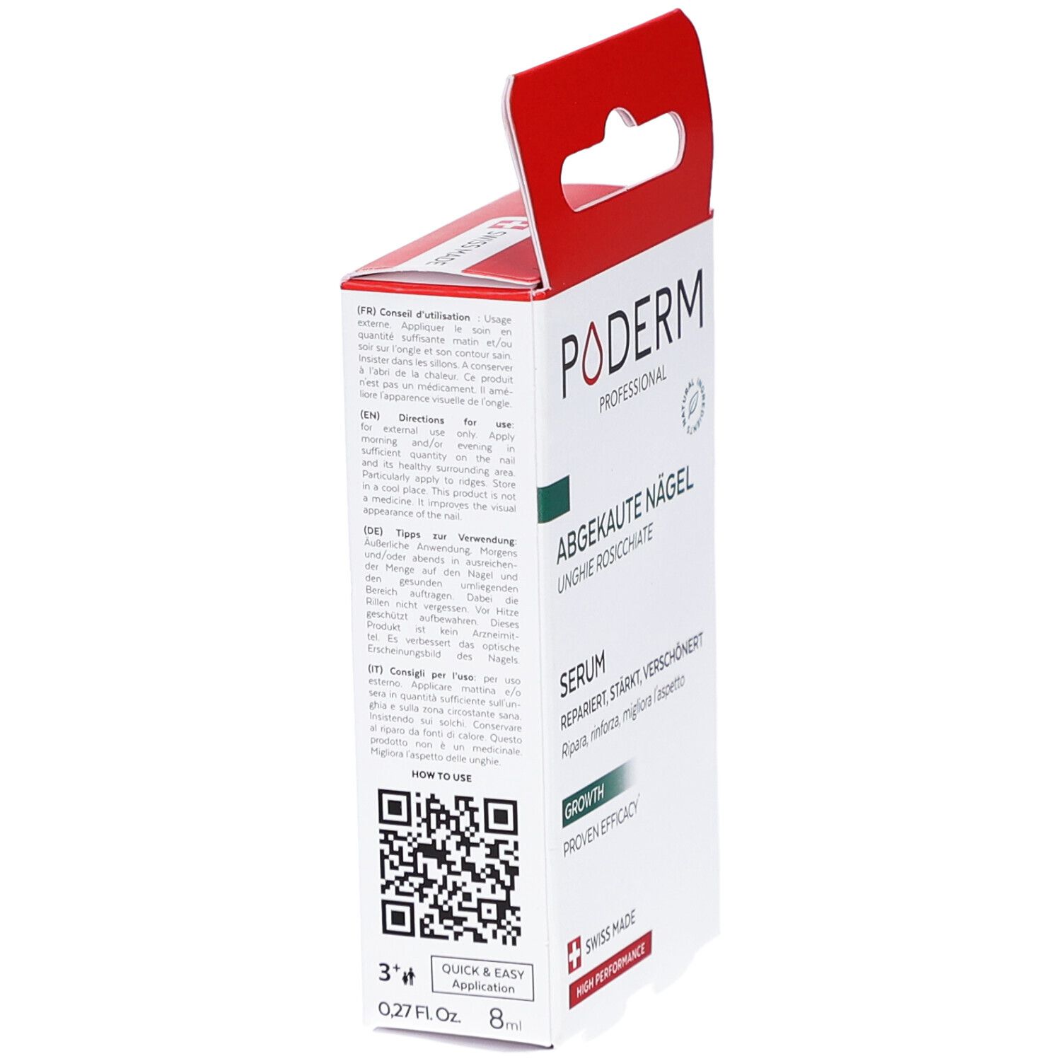 Verpackung, Seitenansicht. Weiß mit grünem Akzent. Text: PODERM, ABGEKAUTE NÄGEL, Serum, Growth, Swiss Made. QR-Code.
