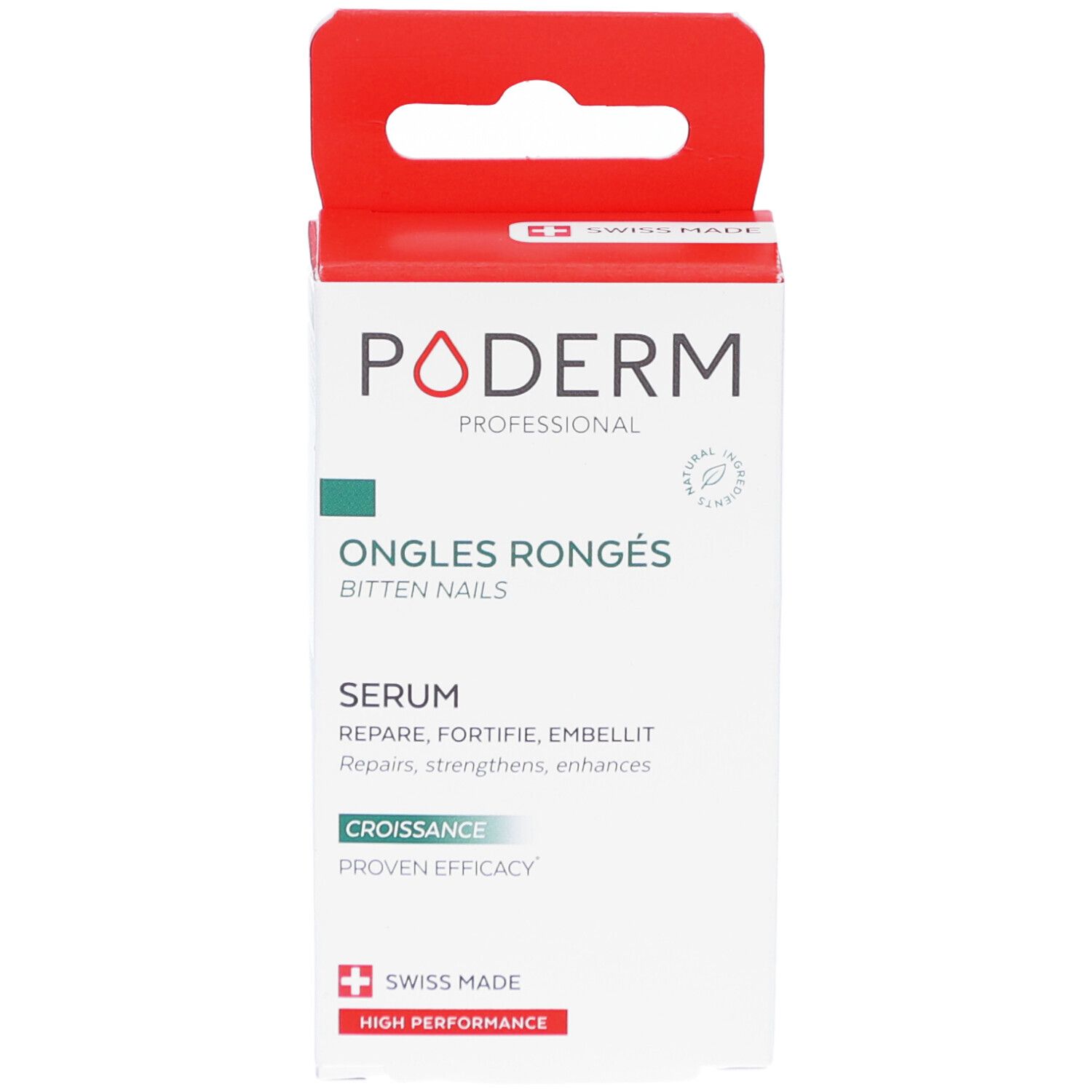 Verpackung mit rotem Aufhänger. Weiß, mit grünem und rotem Akzent. Text: PODERM, ONGLES RONGÉS, Serum, Croissance, Swiss Made.