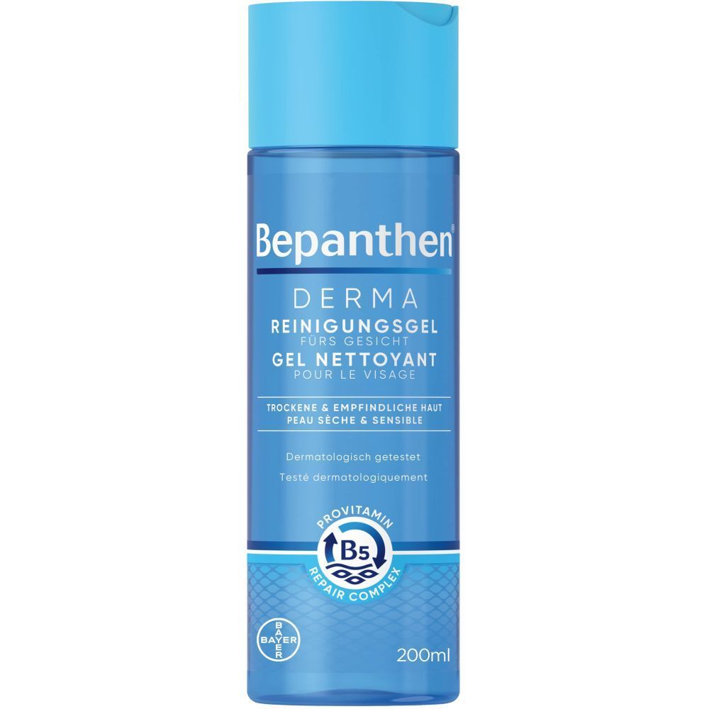 Flacon bleu transparent avec bouchon bleu. Inscription : Bepanthen Derma Gel Nettoyant. Pour peaux sèches et sensibles.