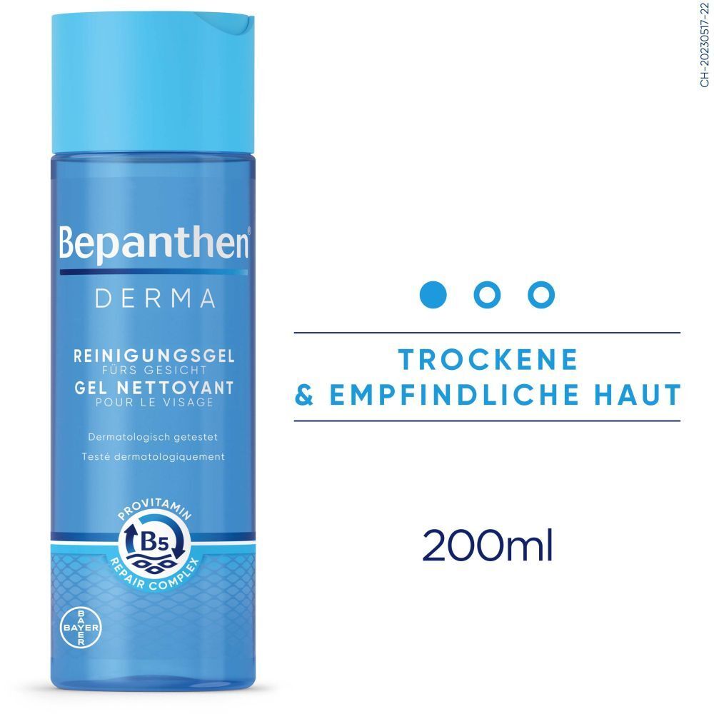 Flacon de produit avec bouchon bleu et inscription. Texte : Peau sèche et sensible. 200ml.