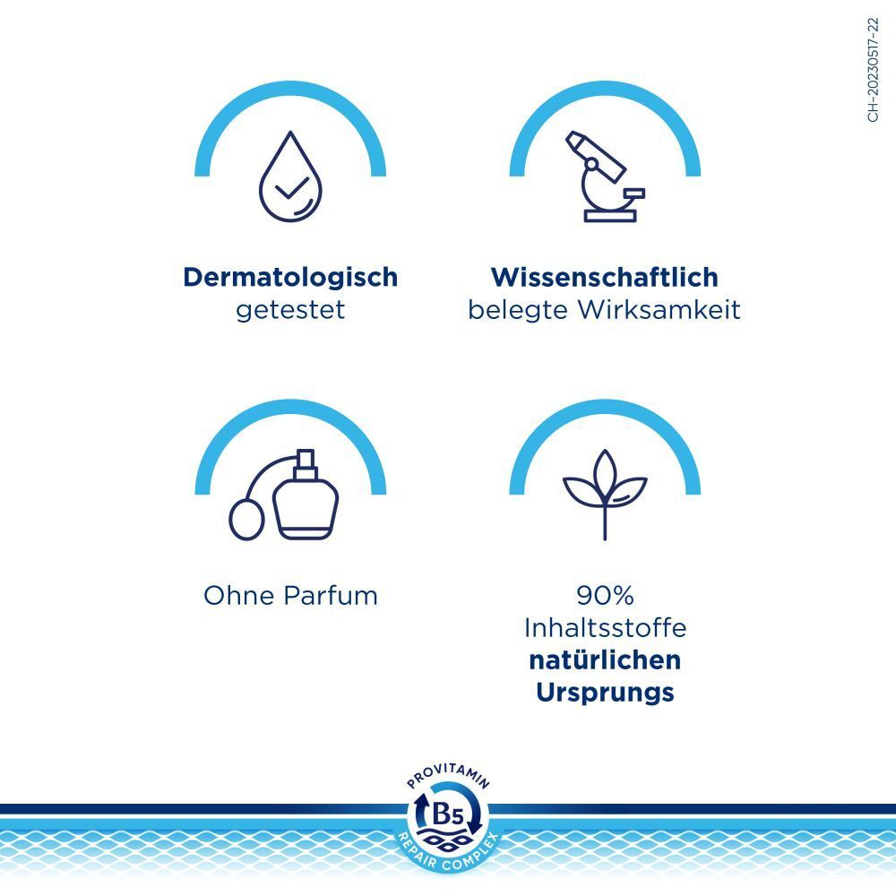 Graphique avec symboles : Testé dermatologiquement, efficacité prouvée scientifiquement, sans parfum, 90% d'ingrédients d'origine naturelle.