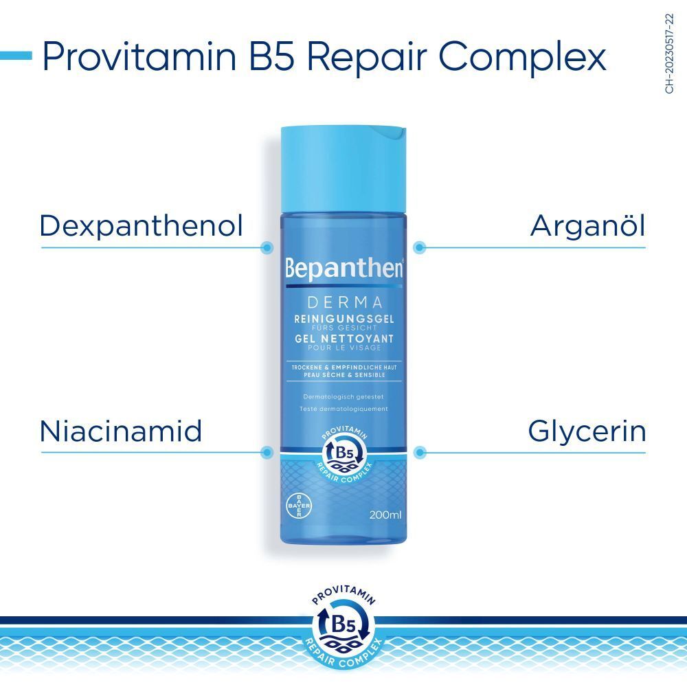 Flacon de produit avec indications des ingrédients : Dexpanthénol, Huile d'argan, Niacinamide, Glycérine.