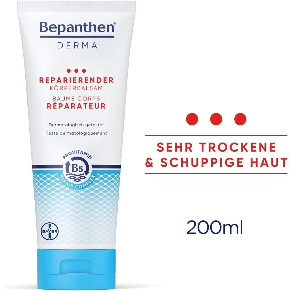 Bepanthen Derma Körperbalsam. Tube mit roter Schrift. Für sehr trockene Haut. 200ml.
