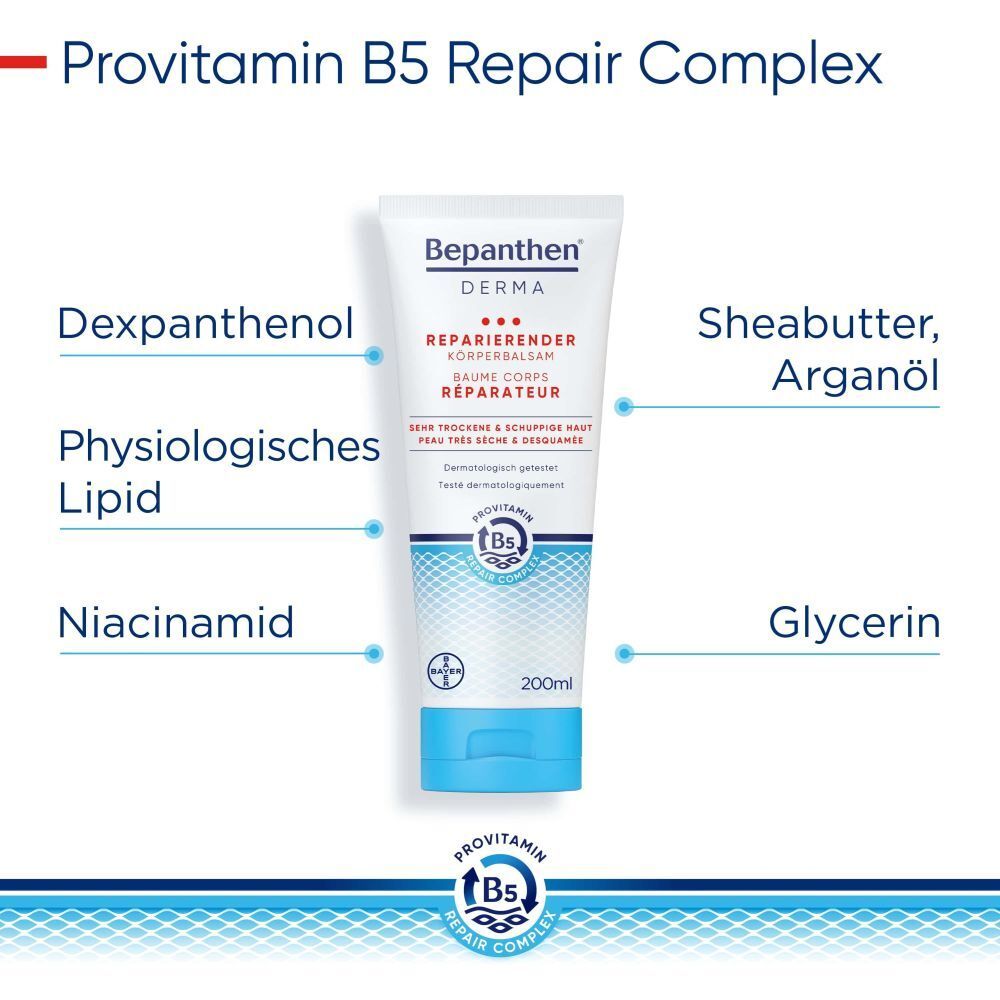 Bepanthen Derma Körperbalsam. Inhaltsstoffe: Dexpanthenol, Sheabutter, Glycerin, etc. 200ml.