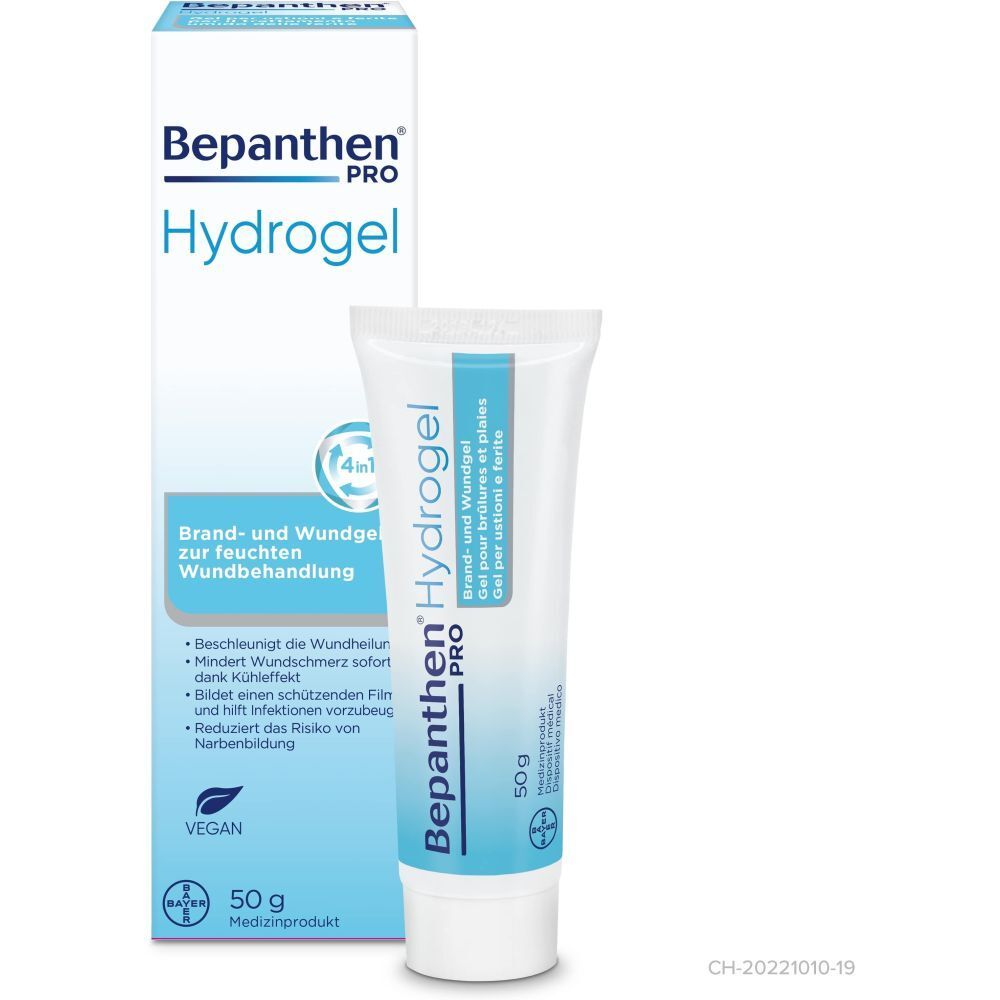 Bepanthen PRO Hydrogel Tube und Verpackung. Weiß-blaue Verpackung mit Produktnamen. Tube mit 50g. Vegan.