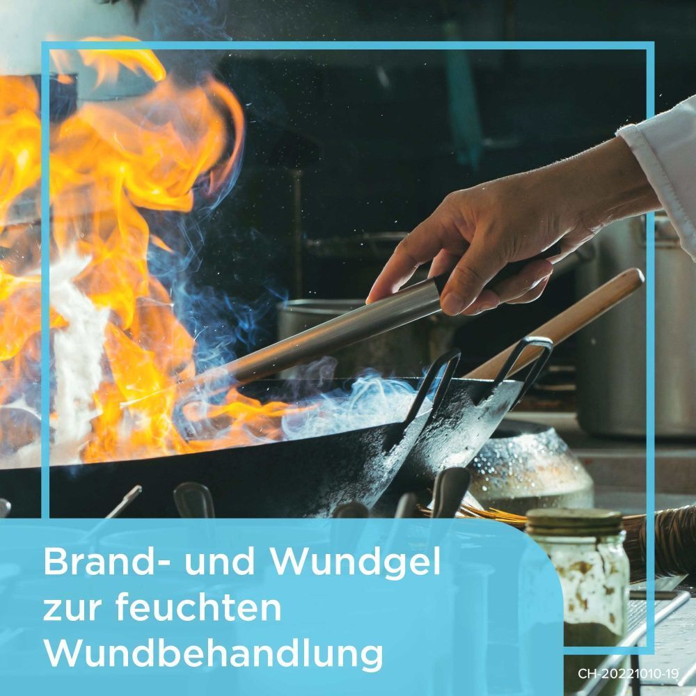 Koch mit Pfannen und Flammen. Text: Brand- und Wundgel zur feuchten Wundbehandlung. Bepanthen PRO Hydrogel.