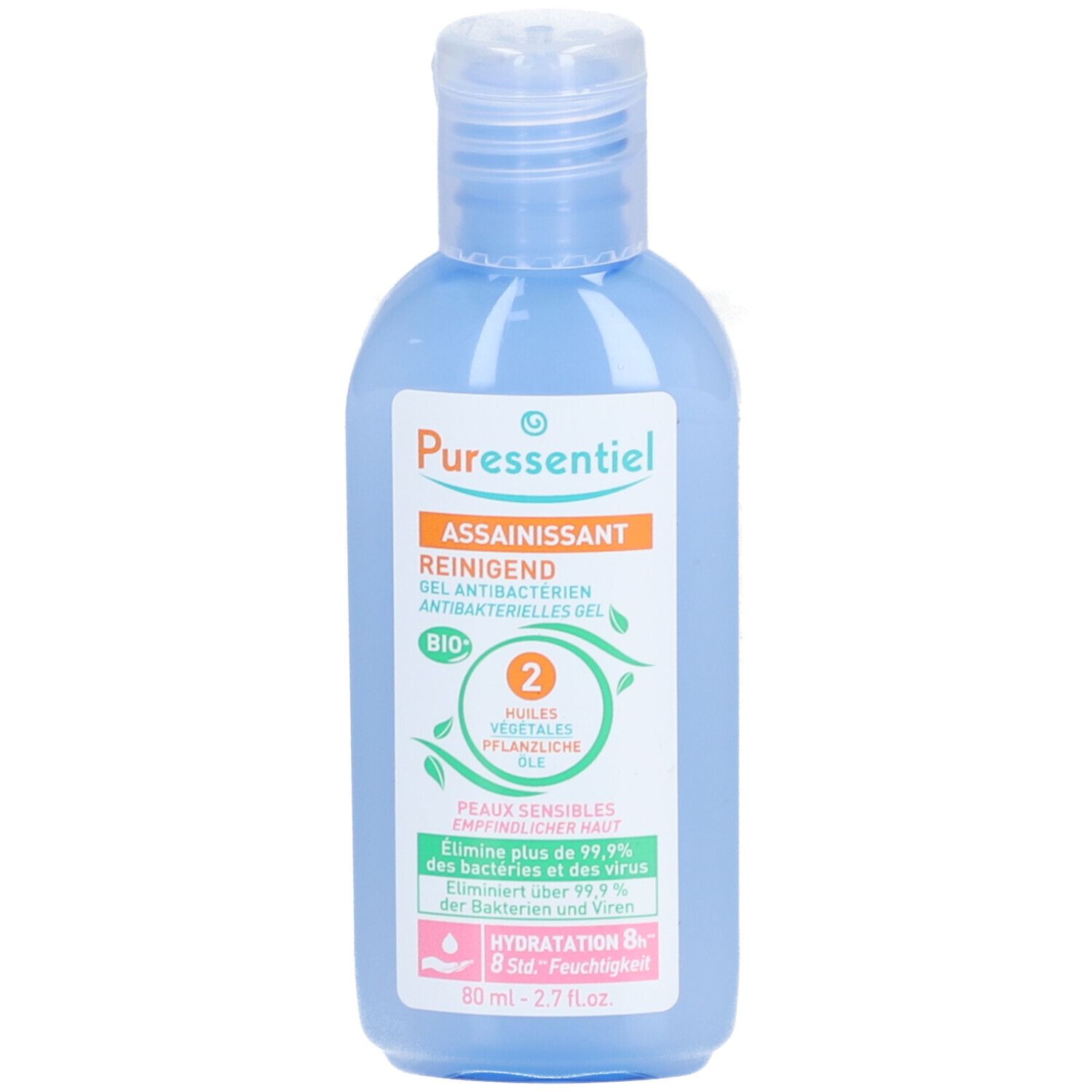 Blaue Flasche mit weißem Deckel. Etikett mit Produktname, Text und Logo. BIO-Zertifizierung. 80 ml.