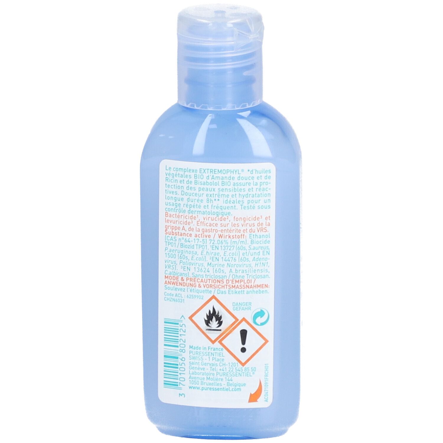 Rückseite der blauen Flasche. Text, Warnhinweise und Logos. Inhaltsstoffe und Herstellerinformationen.