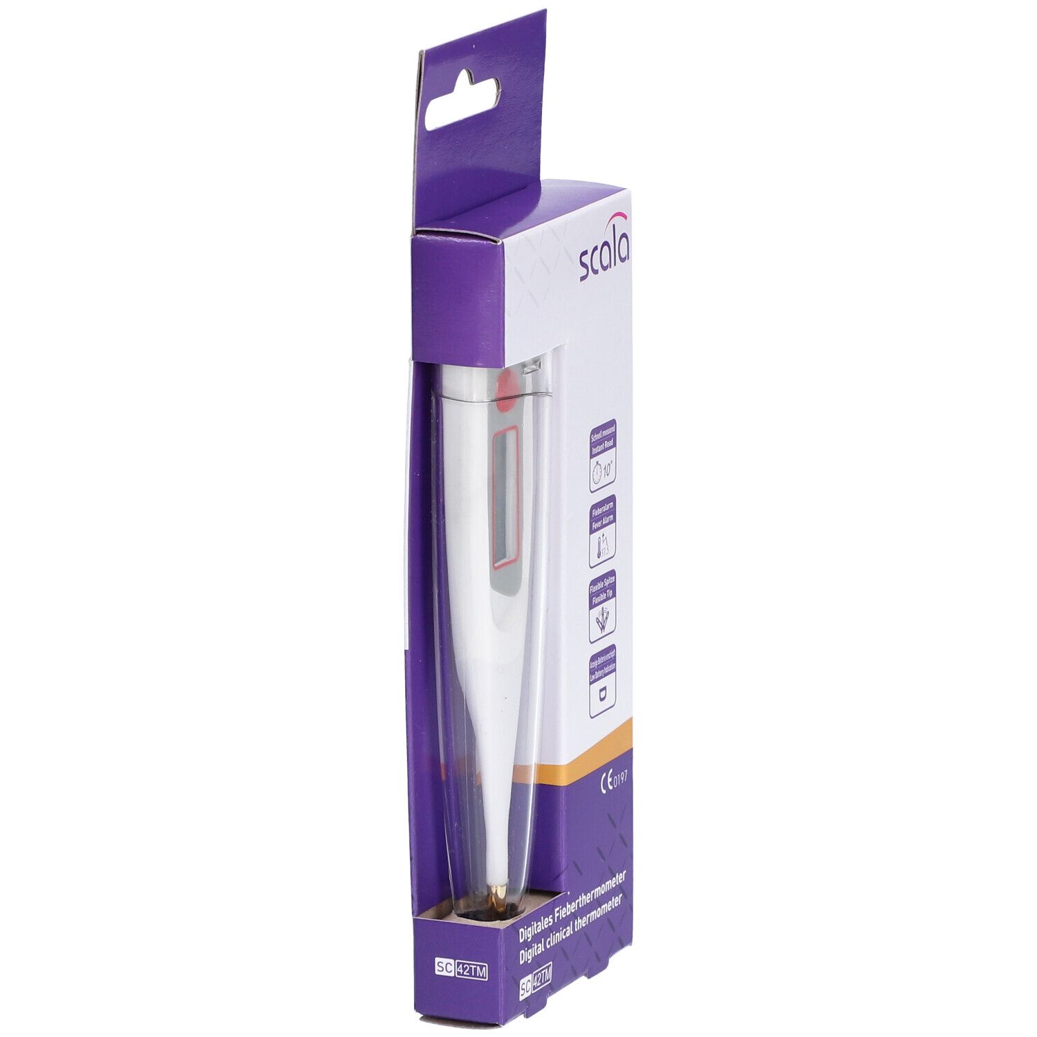 Seitenansicht des Thermometers in der Verpackung. Weißes Thermometer mit rotem Display. Verpackung mit Produktinformationen.