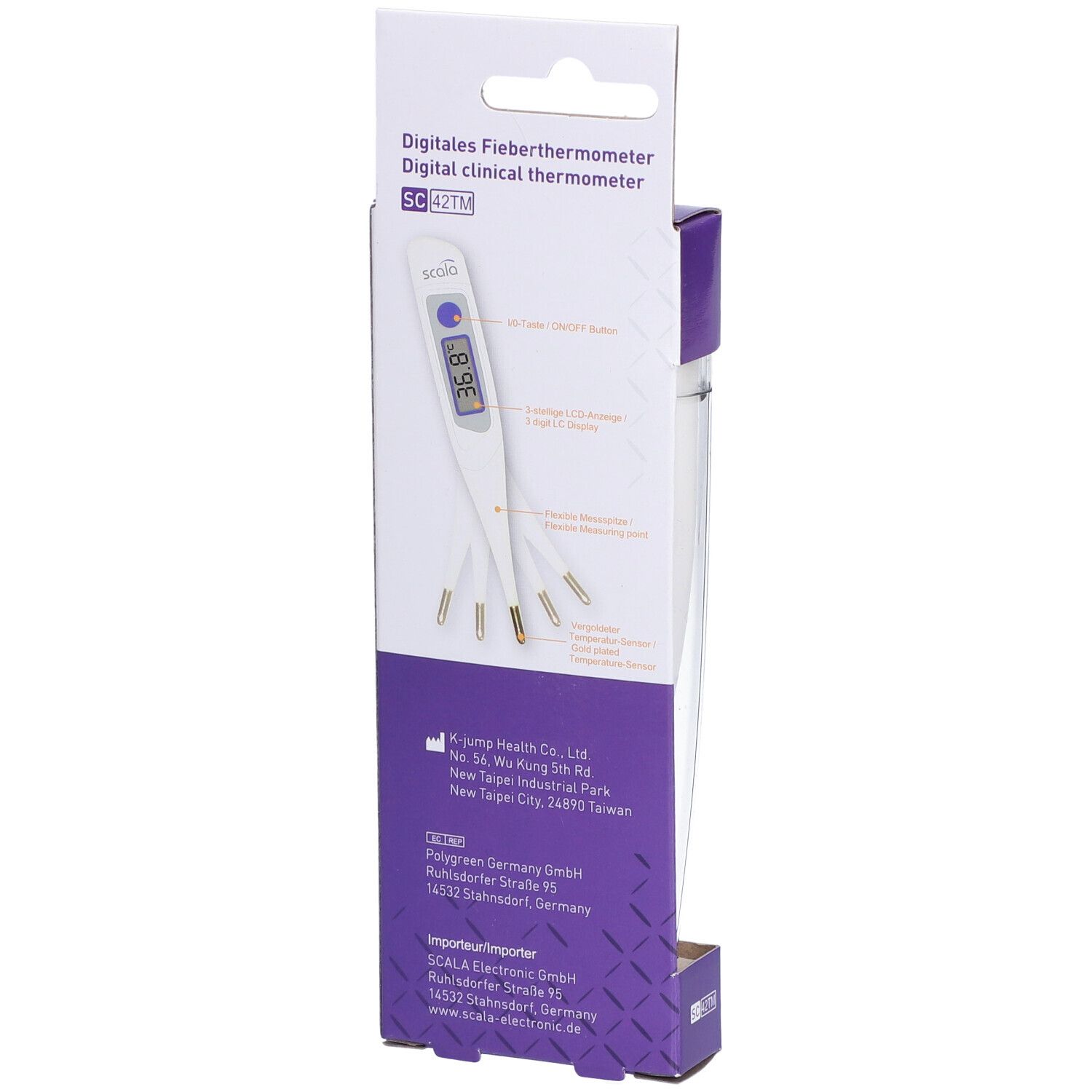 Rückseite der Verpackung mit Thermometer. Digitales Fieberthermometer mit Display. Verpackung mit Produktinformationen und Herstelleradresse.