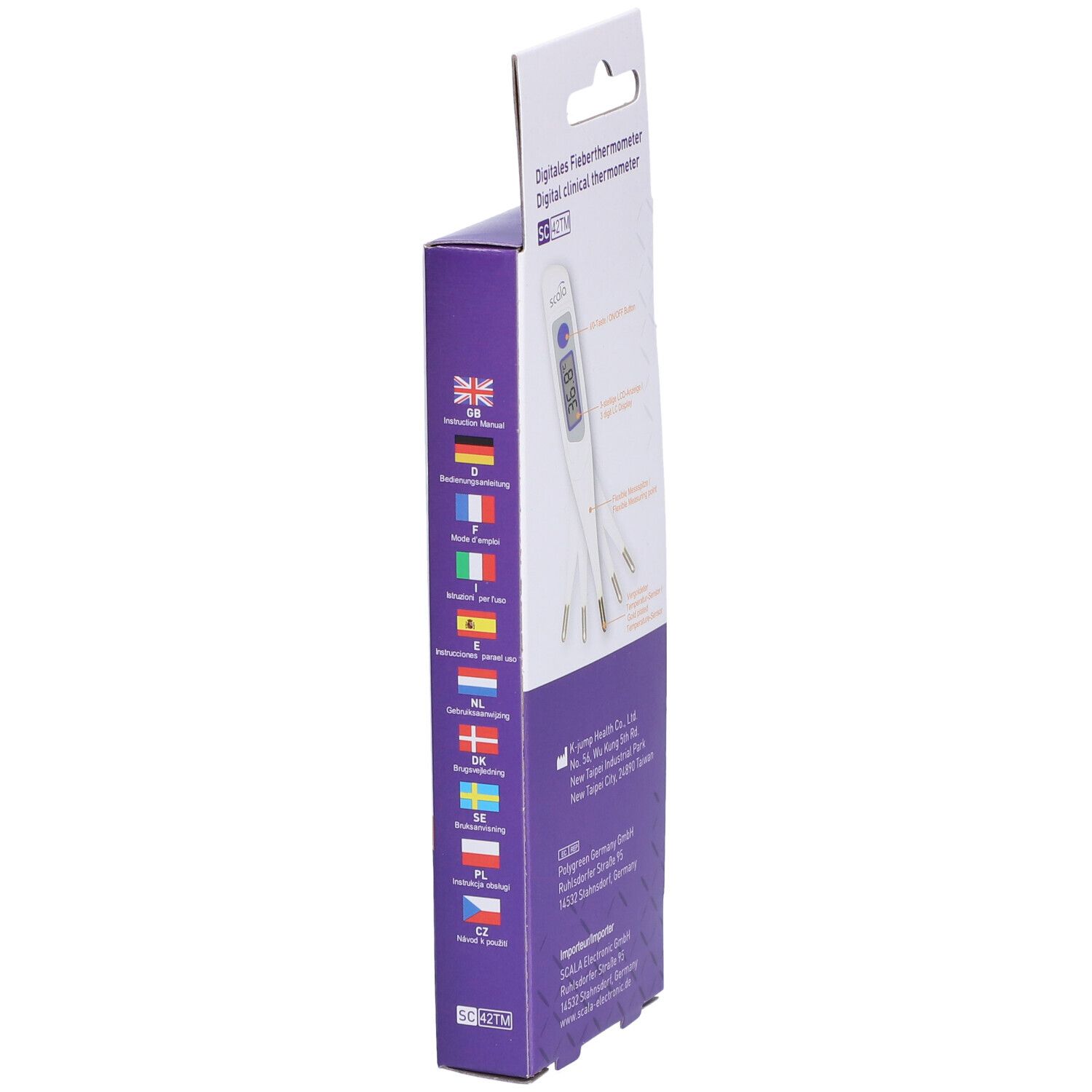 Seitenansicht der Verpackung mit Produktinformationen und Flaggen. Digitales Fieberthermometer. Verpackung mit Herstelleradresse.