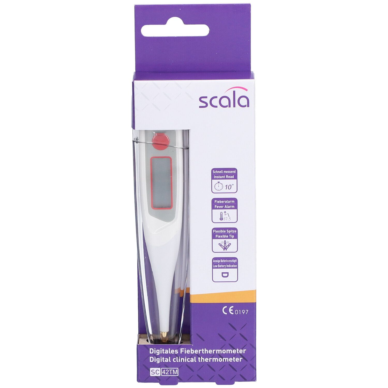 Digitales Fieberthermometer in Verpackung. Weißes Thermometer mit rotem Display. Verpackung mit Produktinformationen und Logo.