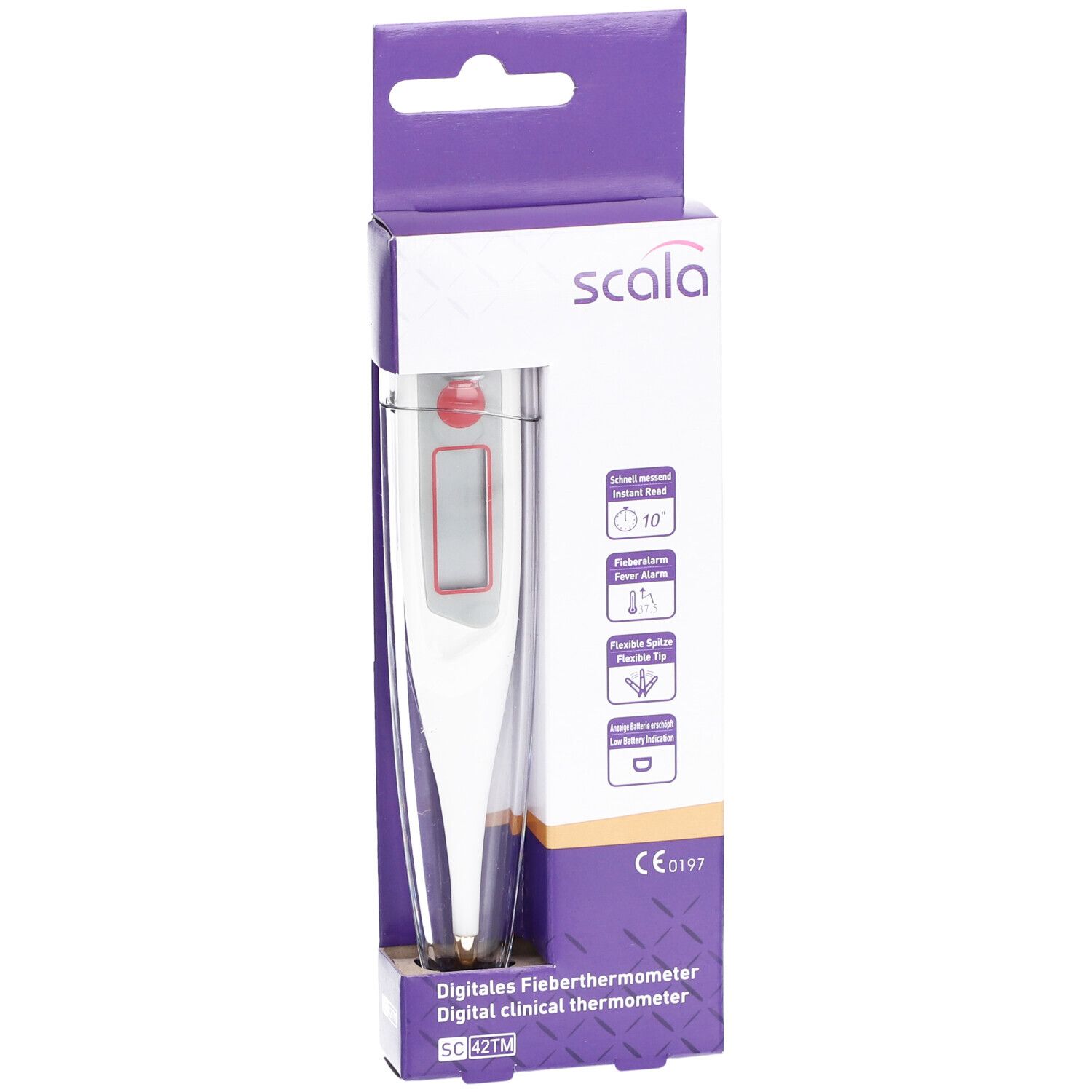 Digitales Fieberthermometer in Verpackung. Weißes Thermometer mit rotem Display. Verpackung mit Produktinformationen und Logo.